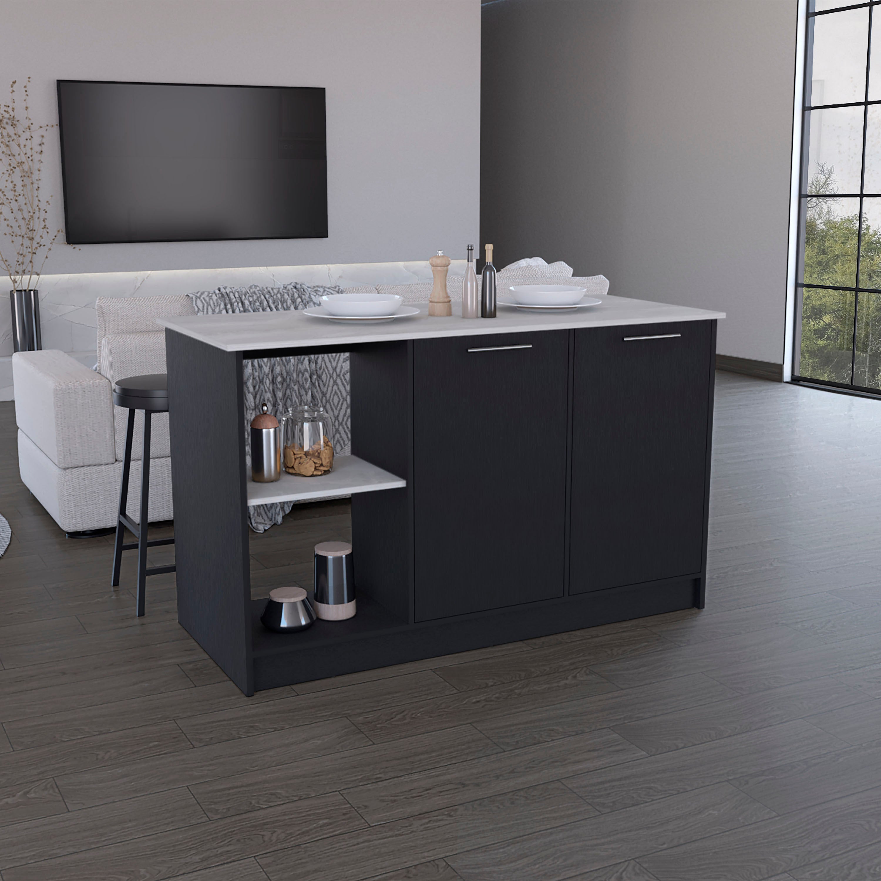 Black Kitchen Island w/ Storage & Double Door Cabinet