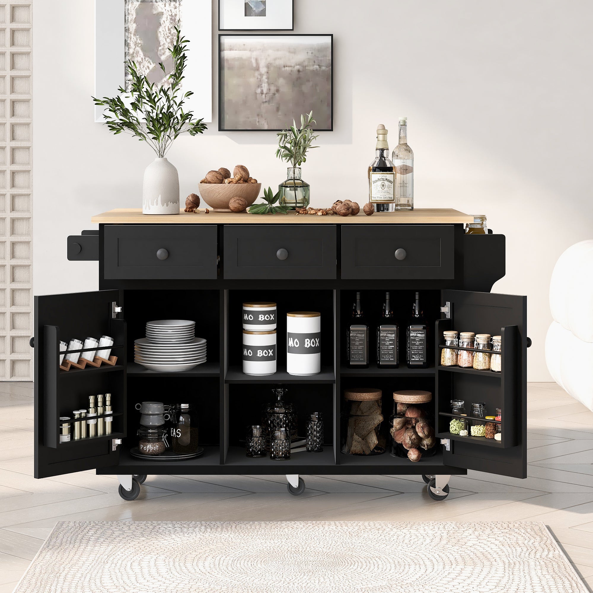 Black Kitchen Cart: Drop-Leaf, Storage, Wheels, Drawers
