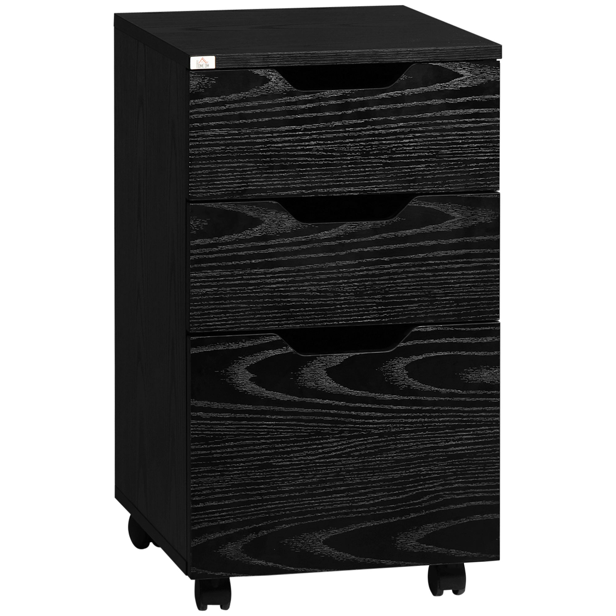 Black Wood 3-Drawer Office Cabinet w/ Wheels