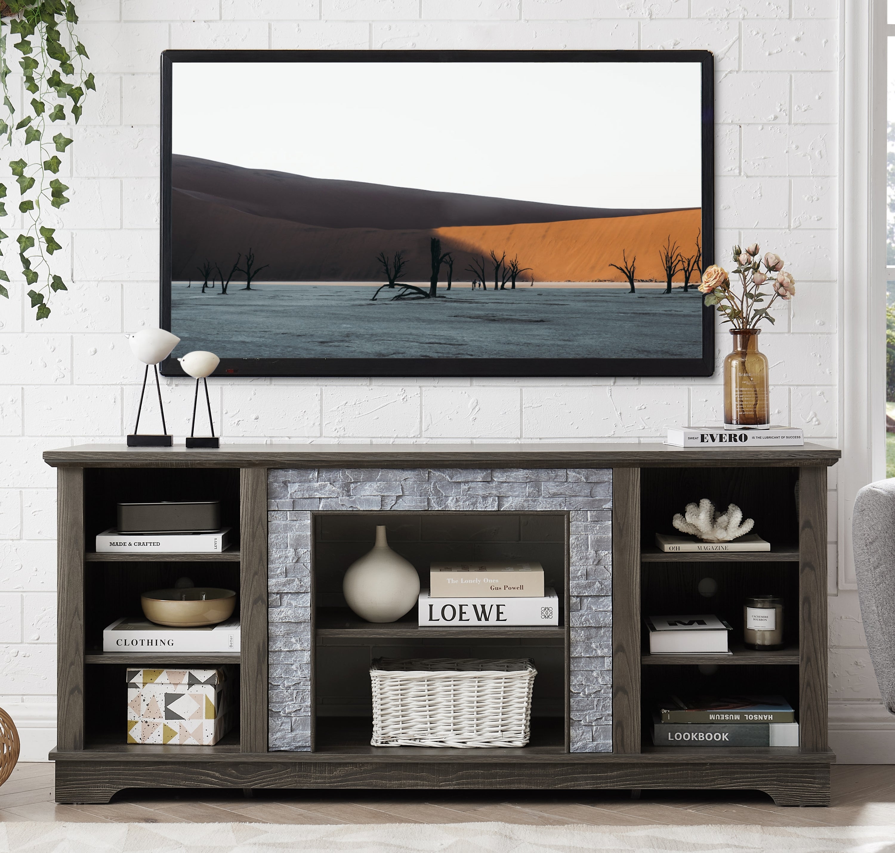 Stone TV Stand w/ Faux Stacked Stone, Gray, 58"