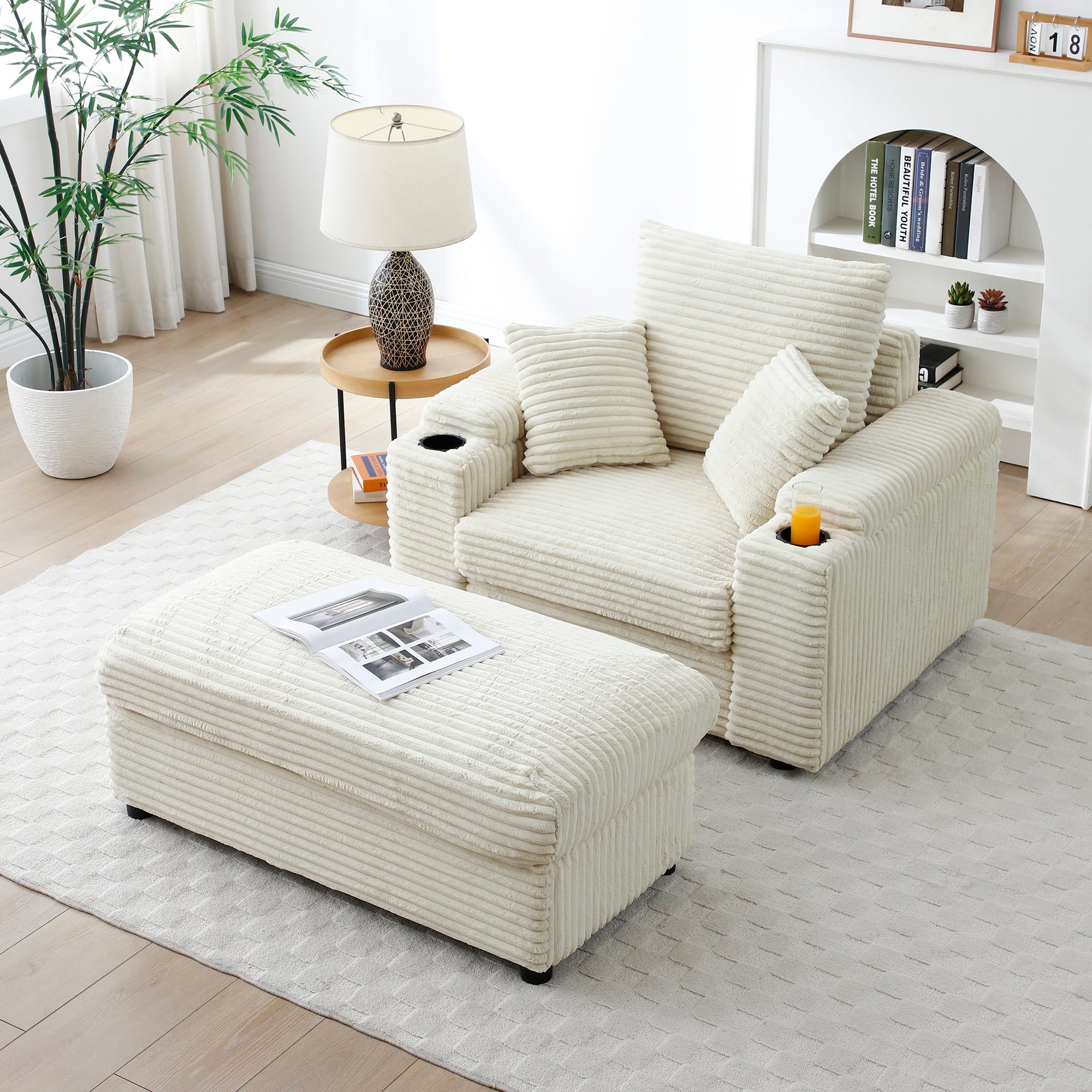 Oversized Cream Accent Chair with Ottoman