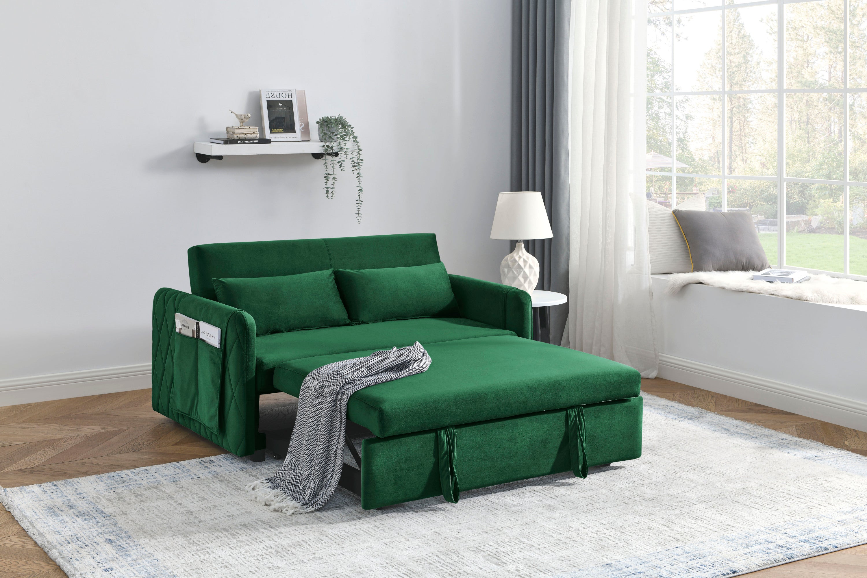 Modern Convertible Sofa Bed w/ Arm Pockets