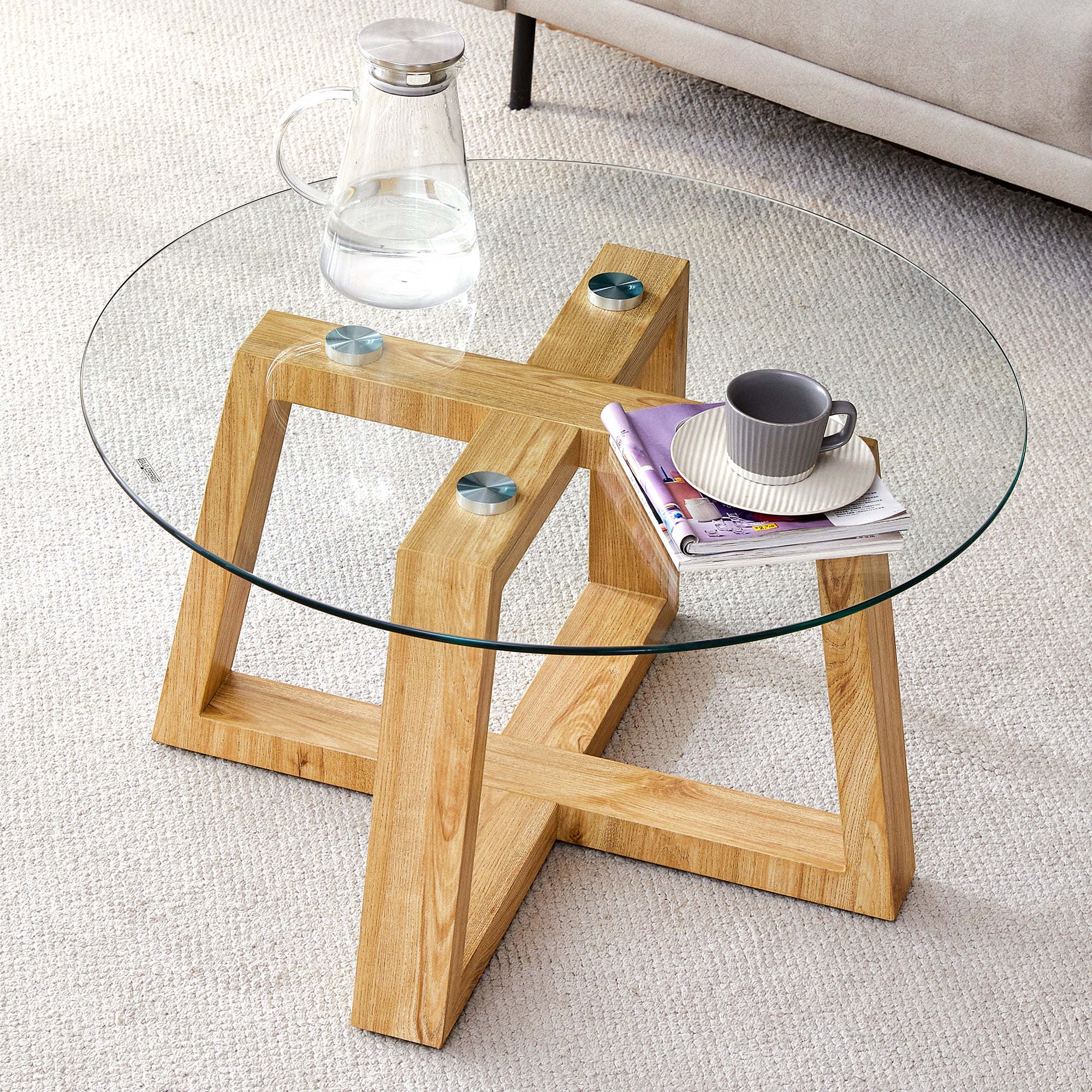 Modern Round Glass & Wood Coffee Table | Living Room & Bedroom