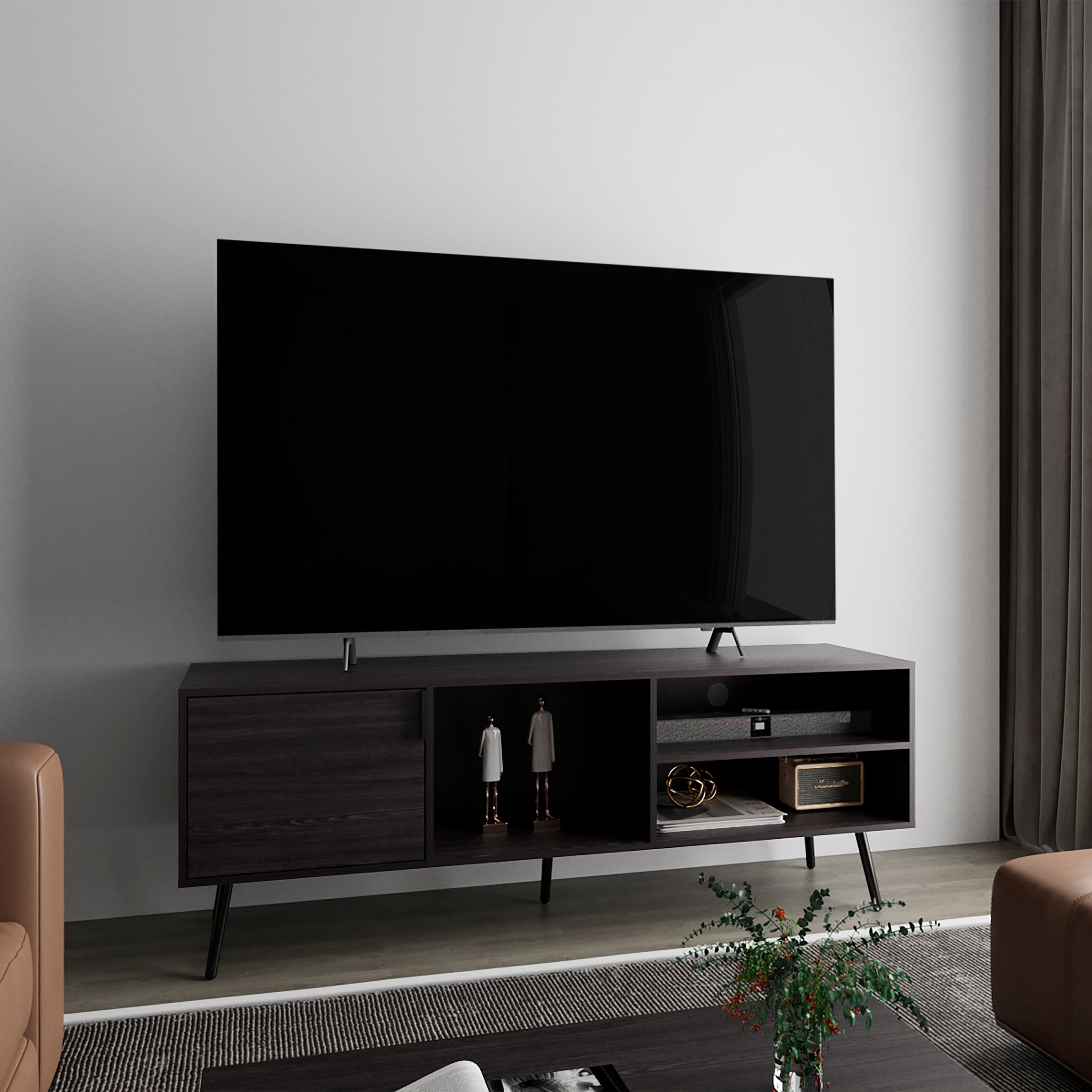 Black TV Stand | 1 Door, 3 Shelves | Modern Entertainment Center