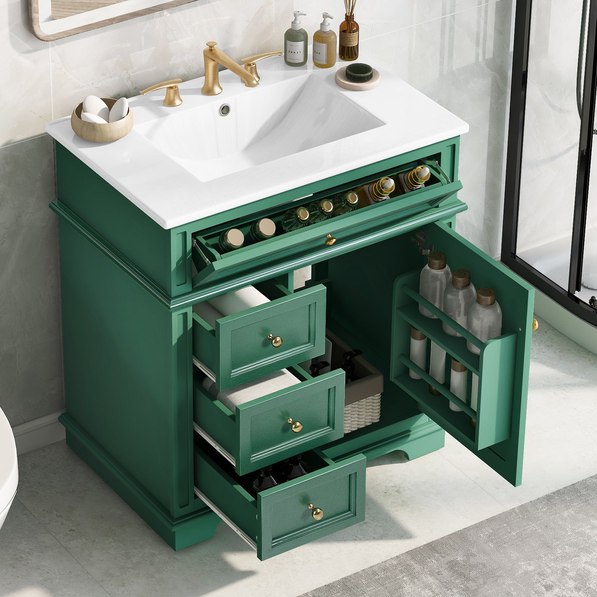 30" Green Vanity: Sink, 4 Drawers, Soft Close
