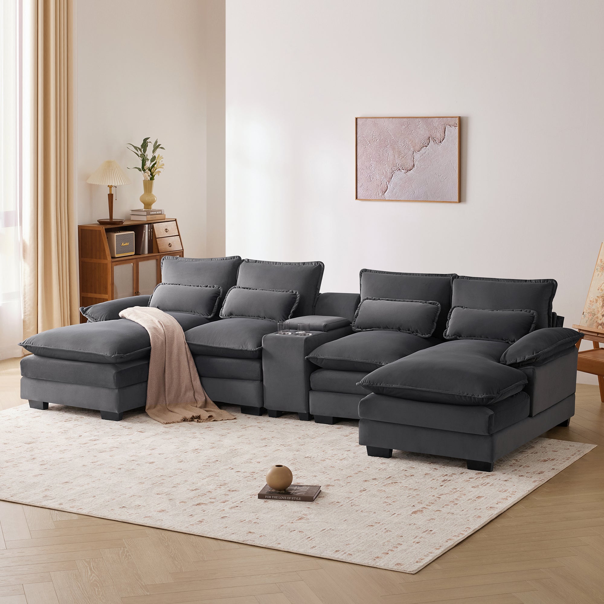 Modern U-Shaped Sofa w/ Console, Cupholders & USB Ports