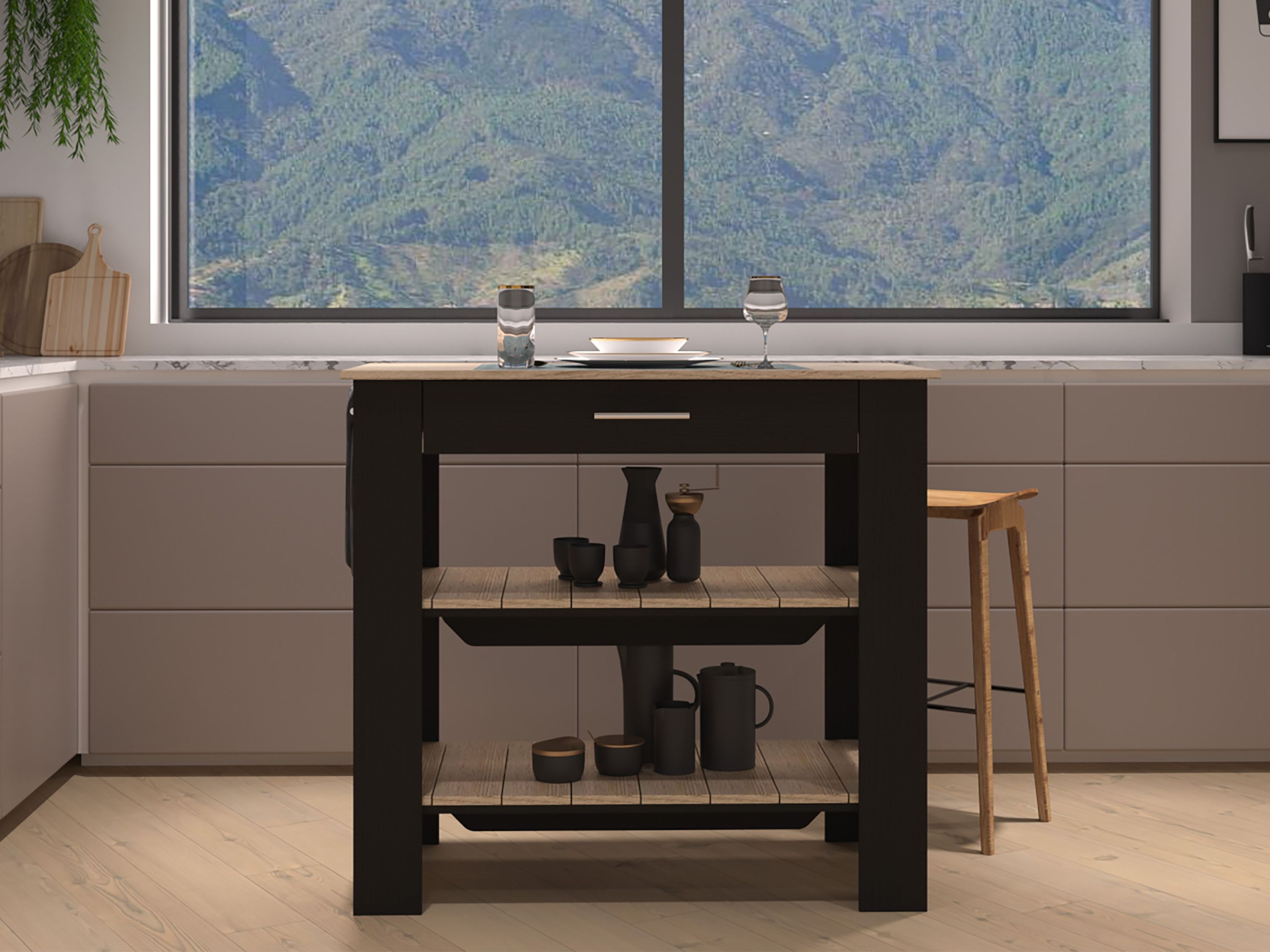 Black & Light Oak Kitchen Island w/ Storage & Drawer