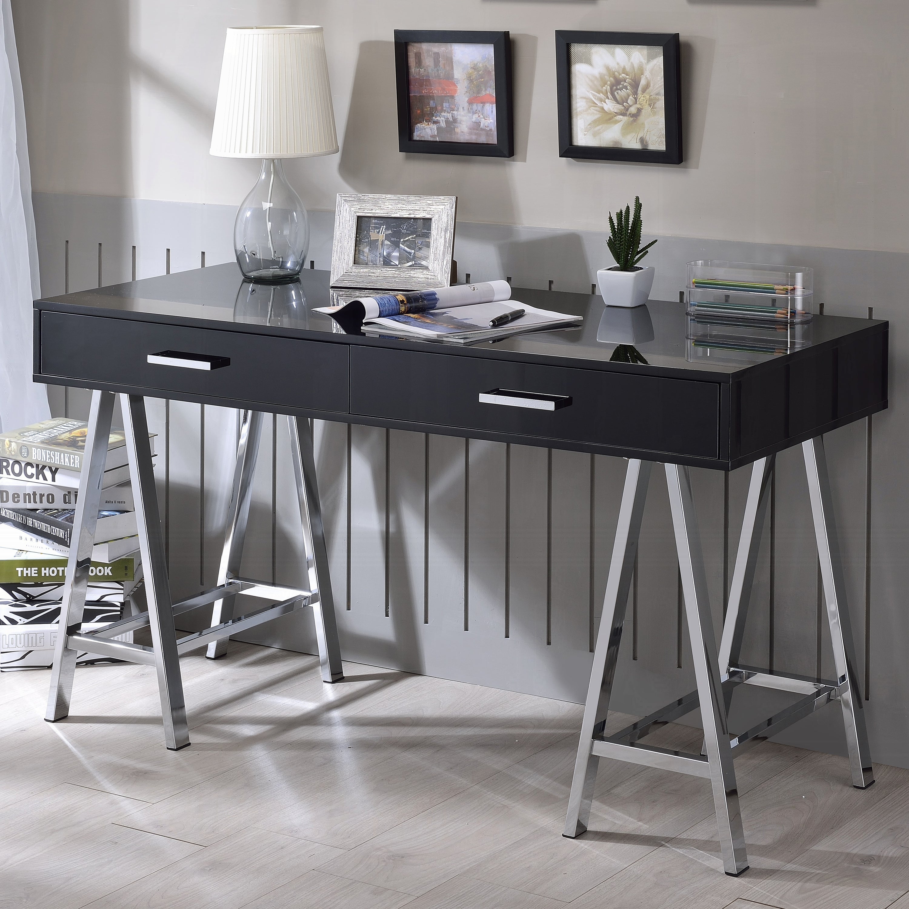 Black & Chrome 2-Drawer High Gloss Writing Desk