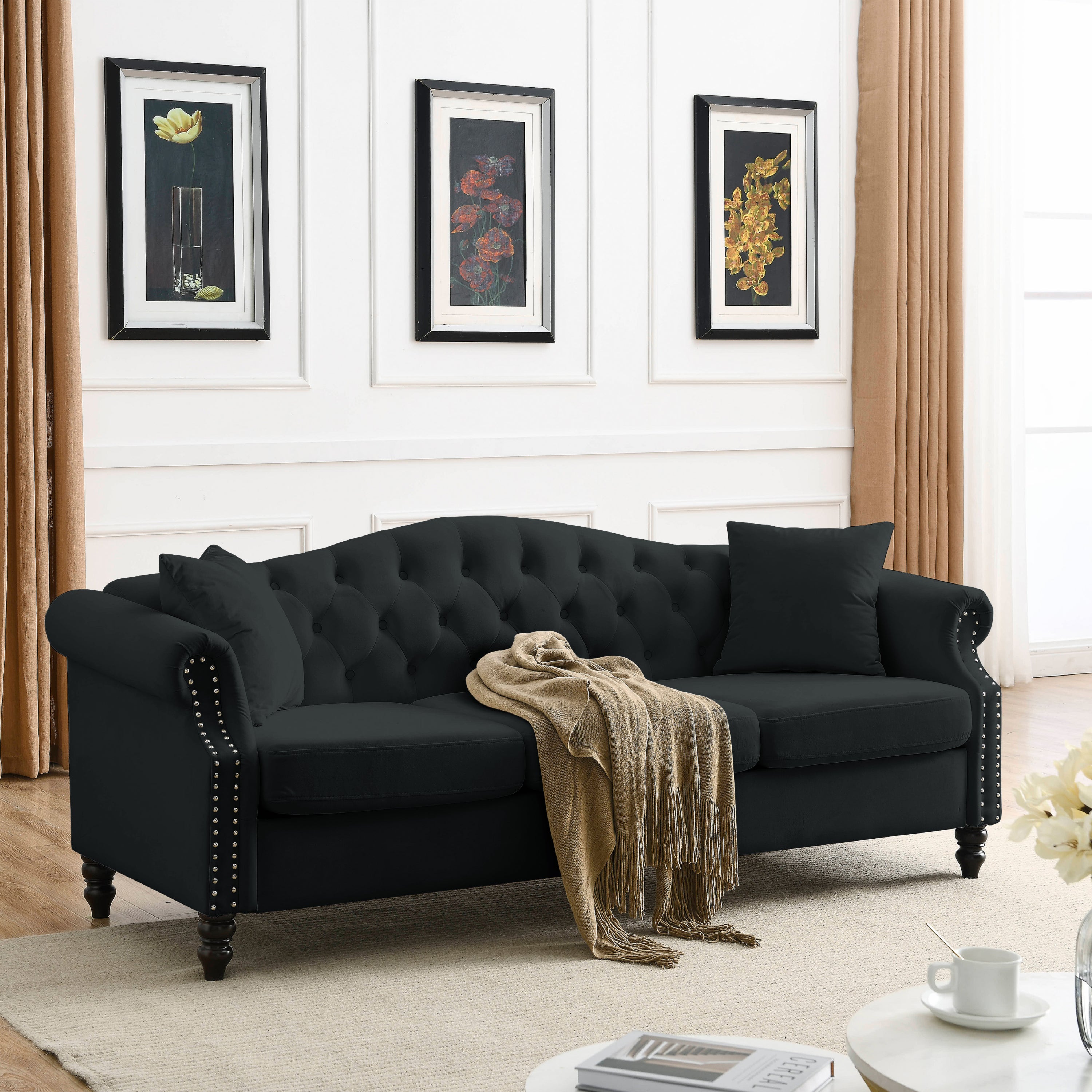 Black Velvet Chesterfield Sofa: 79" 3-Seater