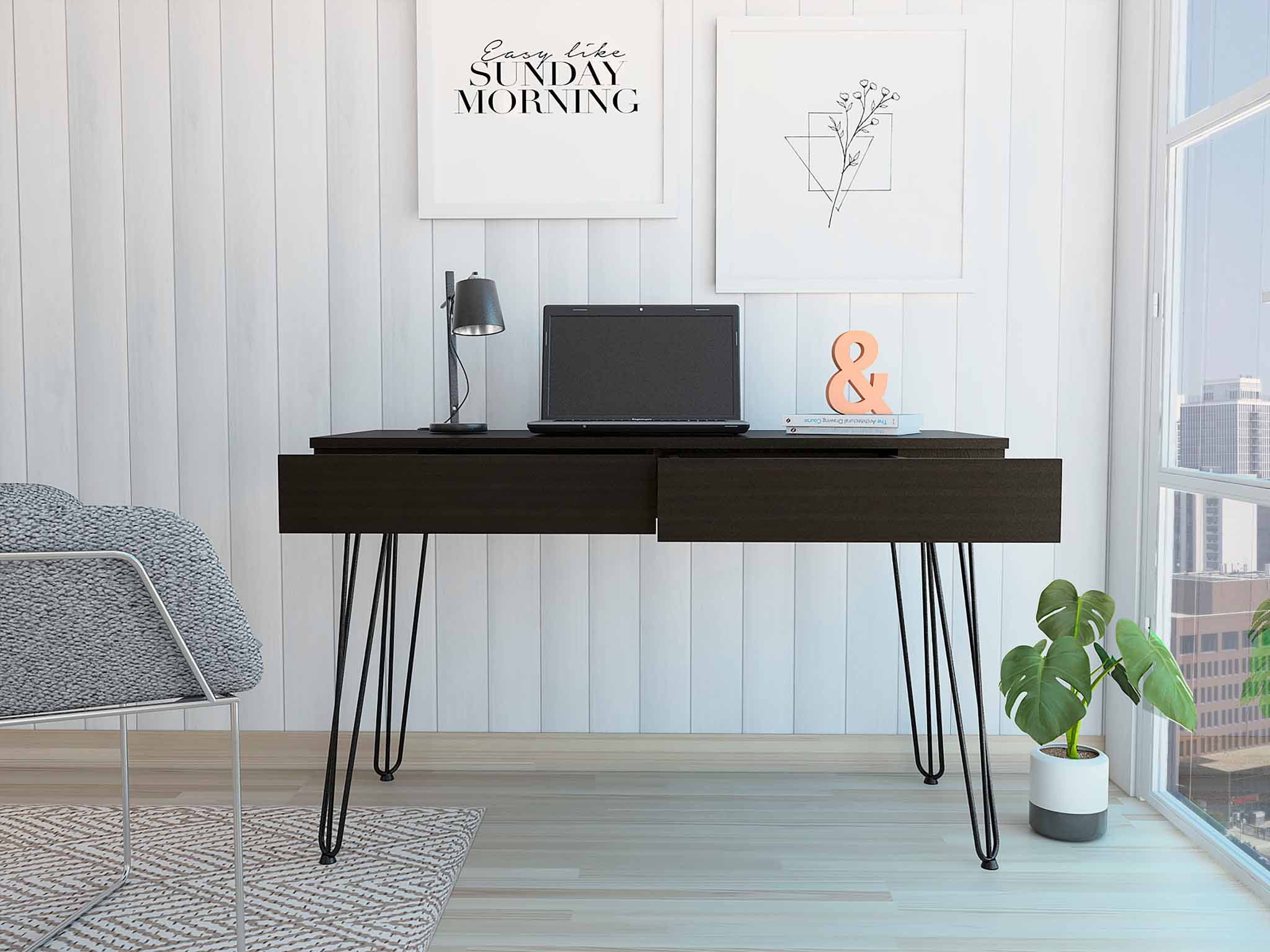 Black 2-Drawer Writing Desk with Hairpin Legs