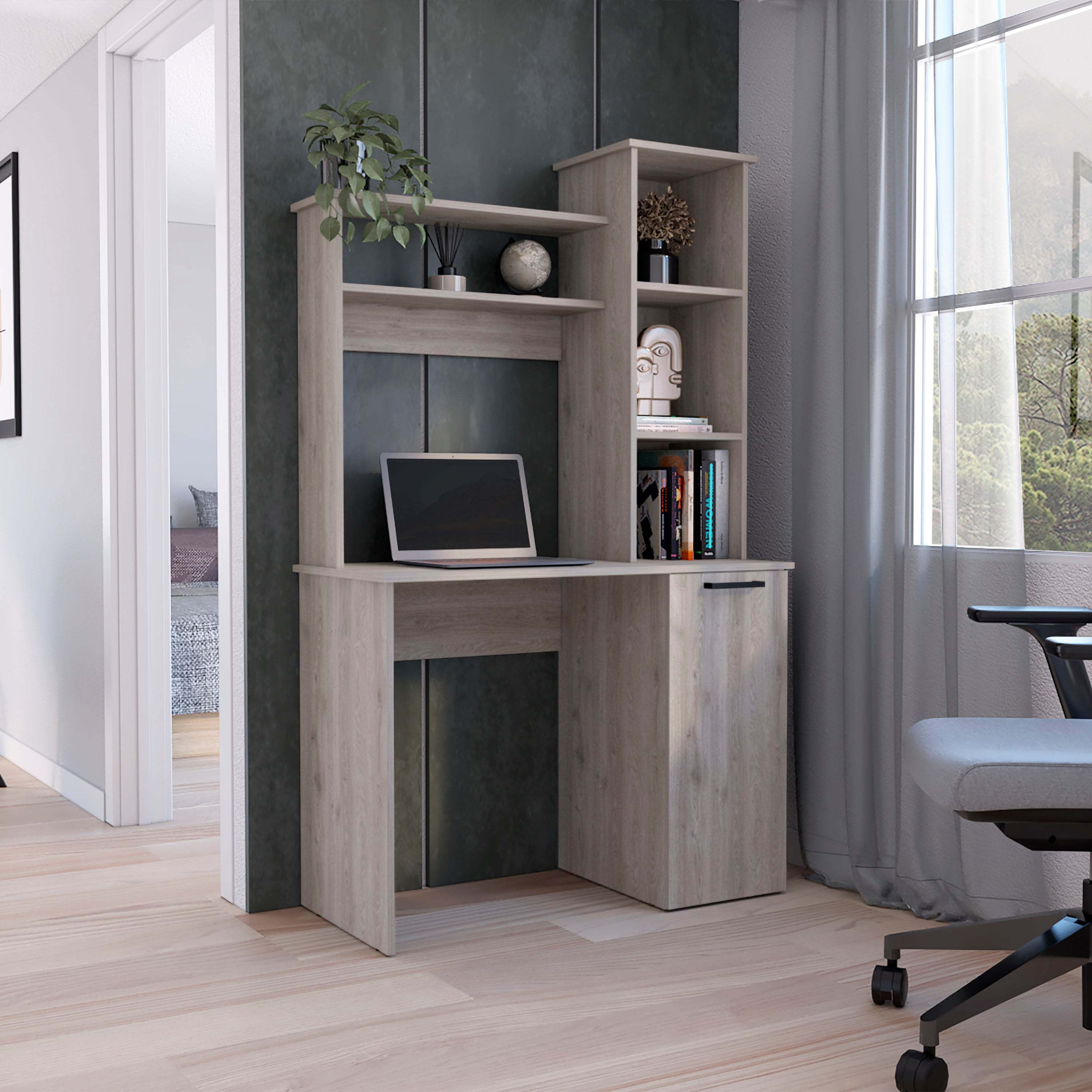 Gray Computer Desk with Hutch, Storage & Shelves