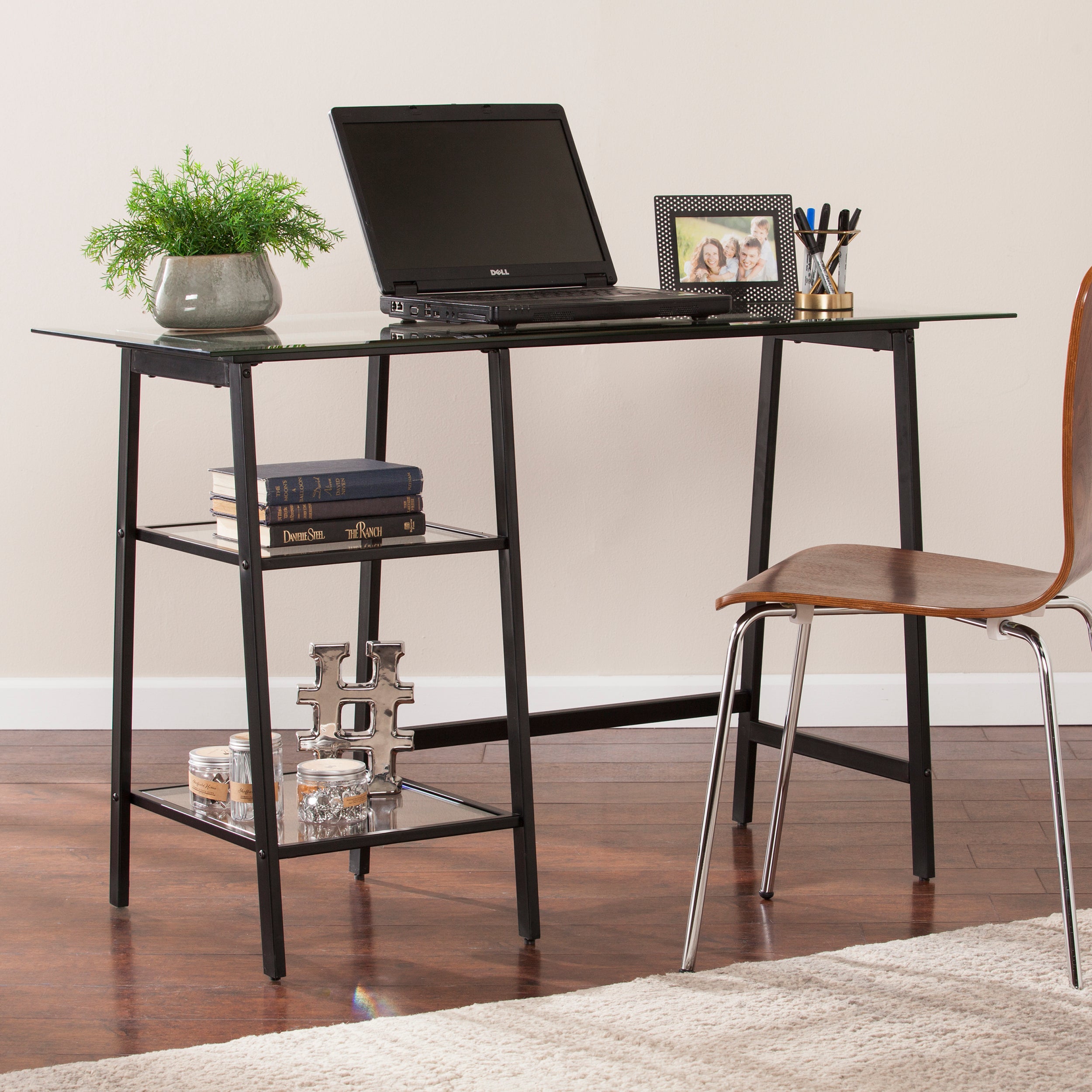 Avery Black Metal/Glass Sawhorse Writing Desk