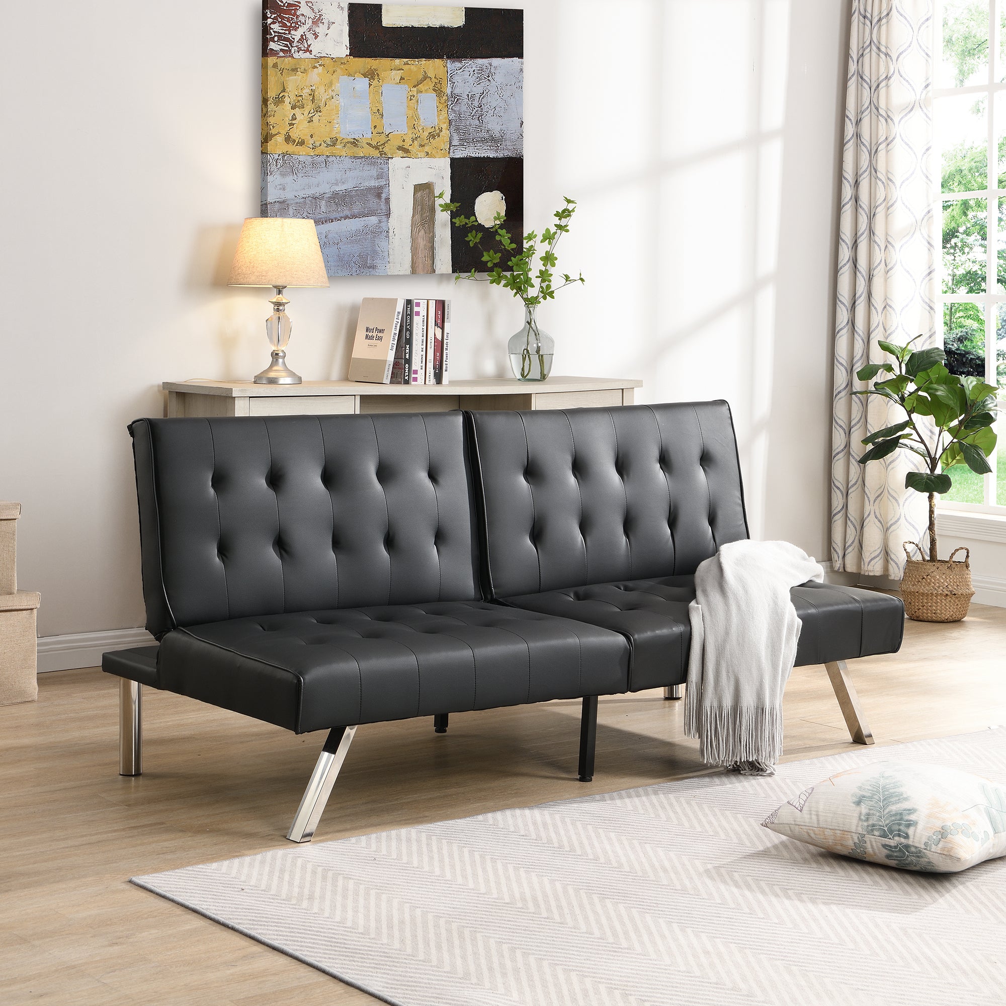 Black Futon Sofa Bed: Wood Frame, Stainless Legs