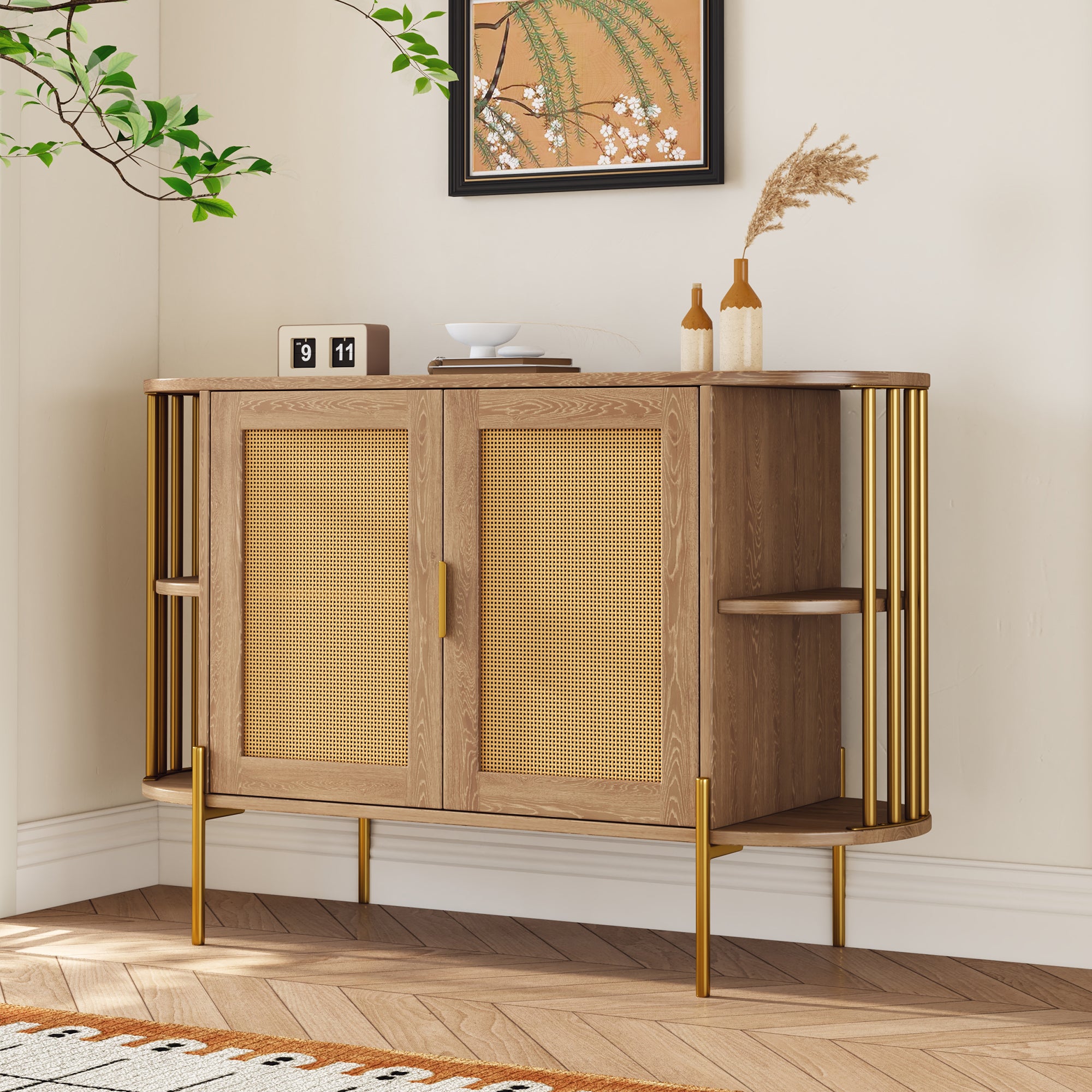 Elegant Curved Dining Cabinet with Gold Trim