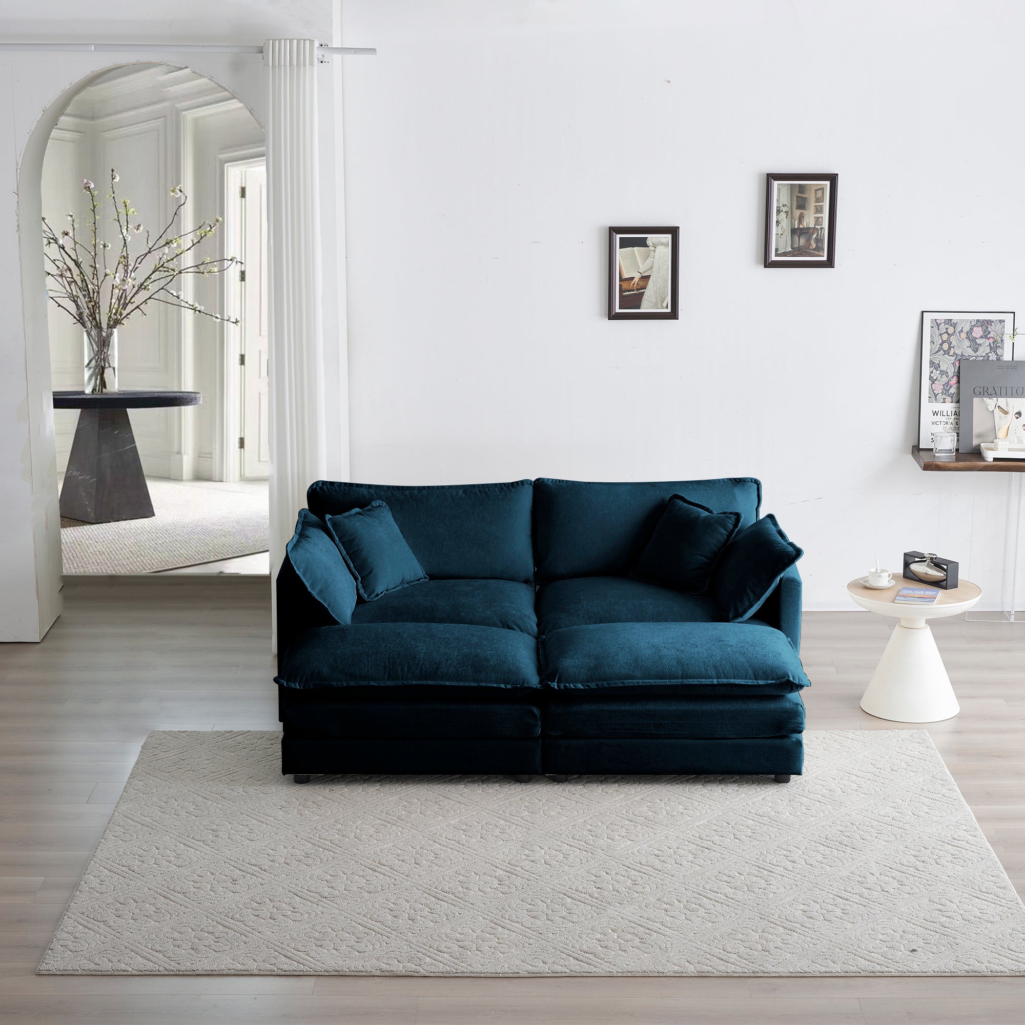 Blue Chenille Sectional Sofa & Ottomans Set