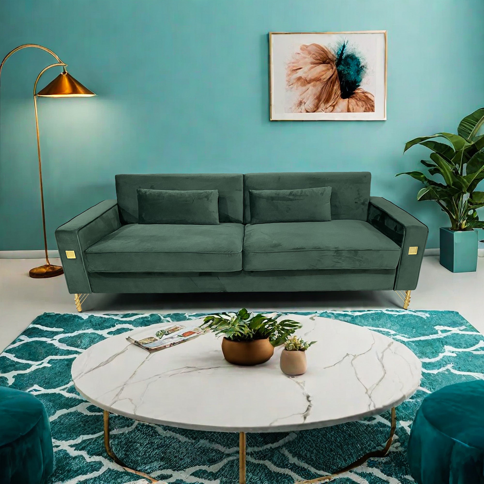 Emerald Green Velvet Sofa: Luxury 3-Seater
