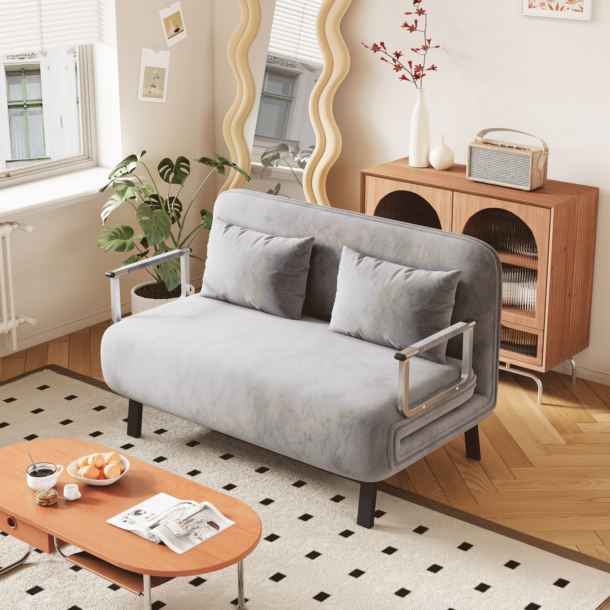 Convertible Chair Bed: Tri-Fold Sofa Bed, Grey Velvet