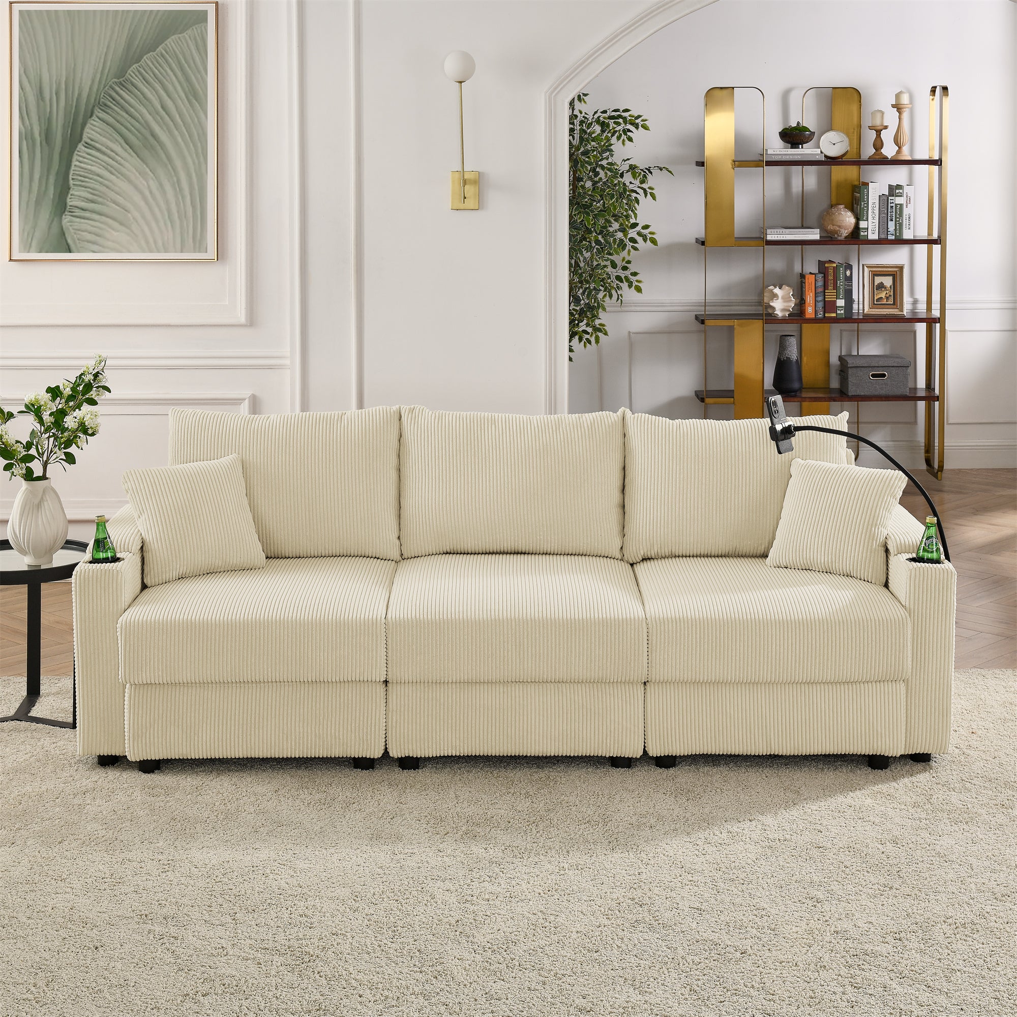 Beige Corduroy Sofa: Deep Seat, Storage & Holders