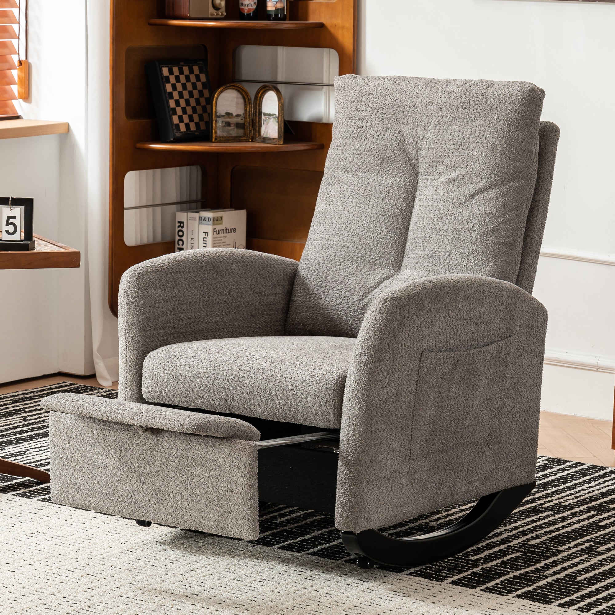 Accent Rocking Chair w/ Footrest, High Back, Rubber Wood