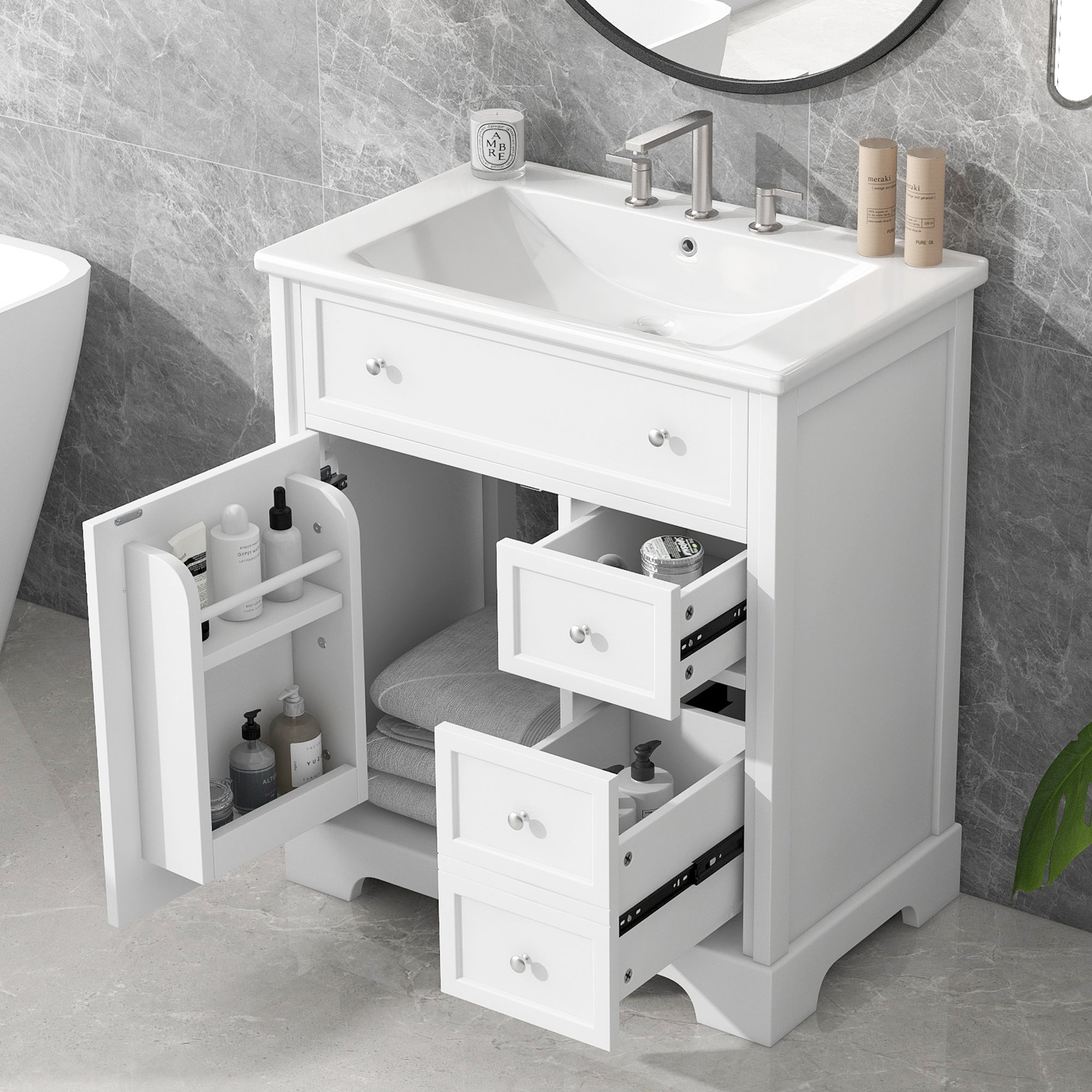 White 30" Bathroom Vanity w/ Sink & Drawers