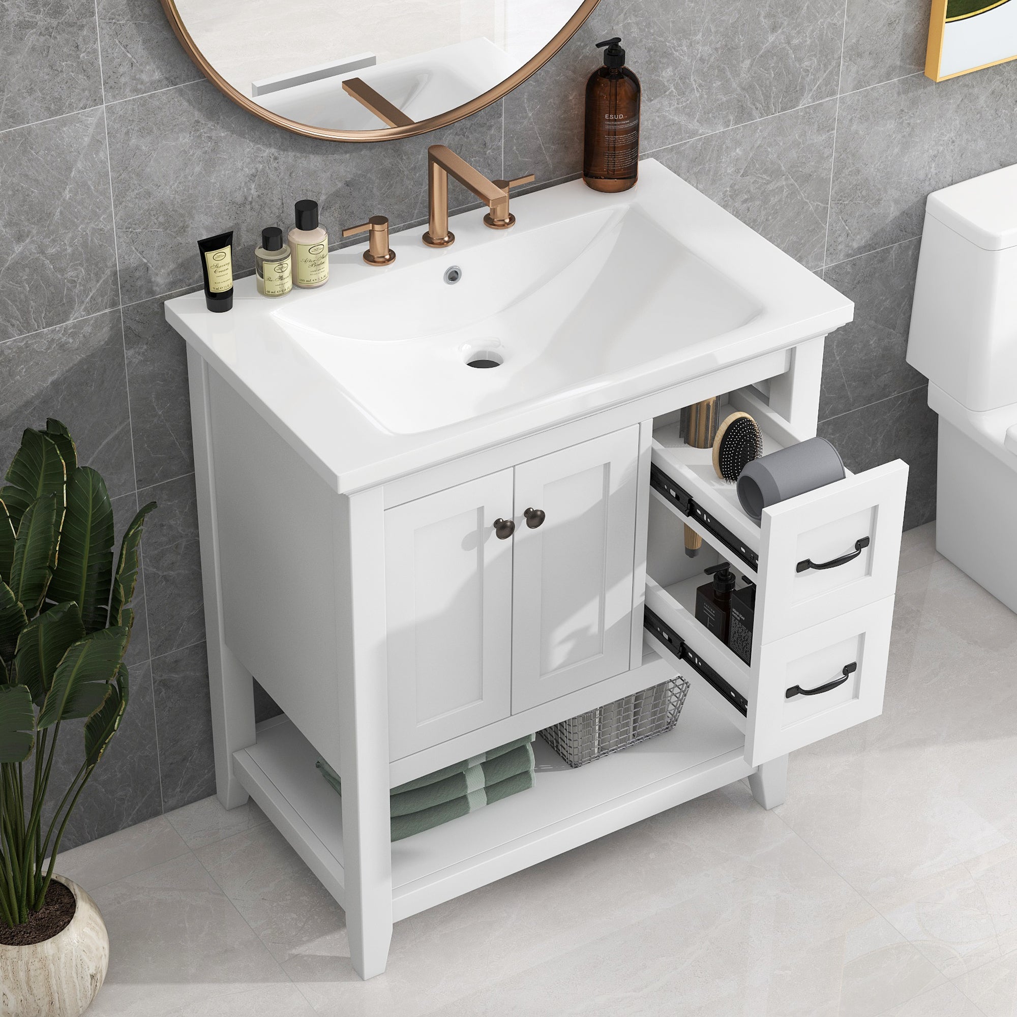 White 30" Bathroom Vanity with Ceramic Top