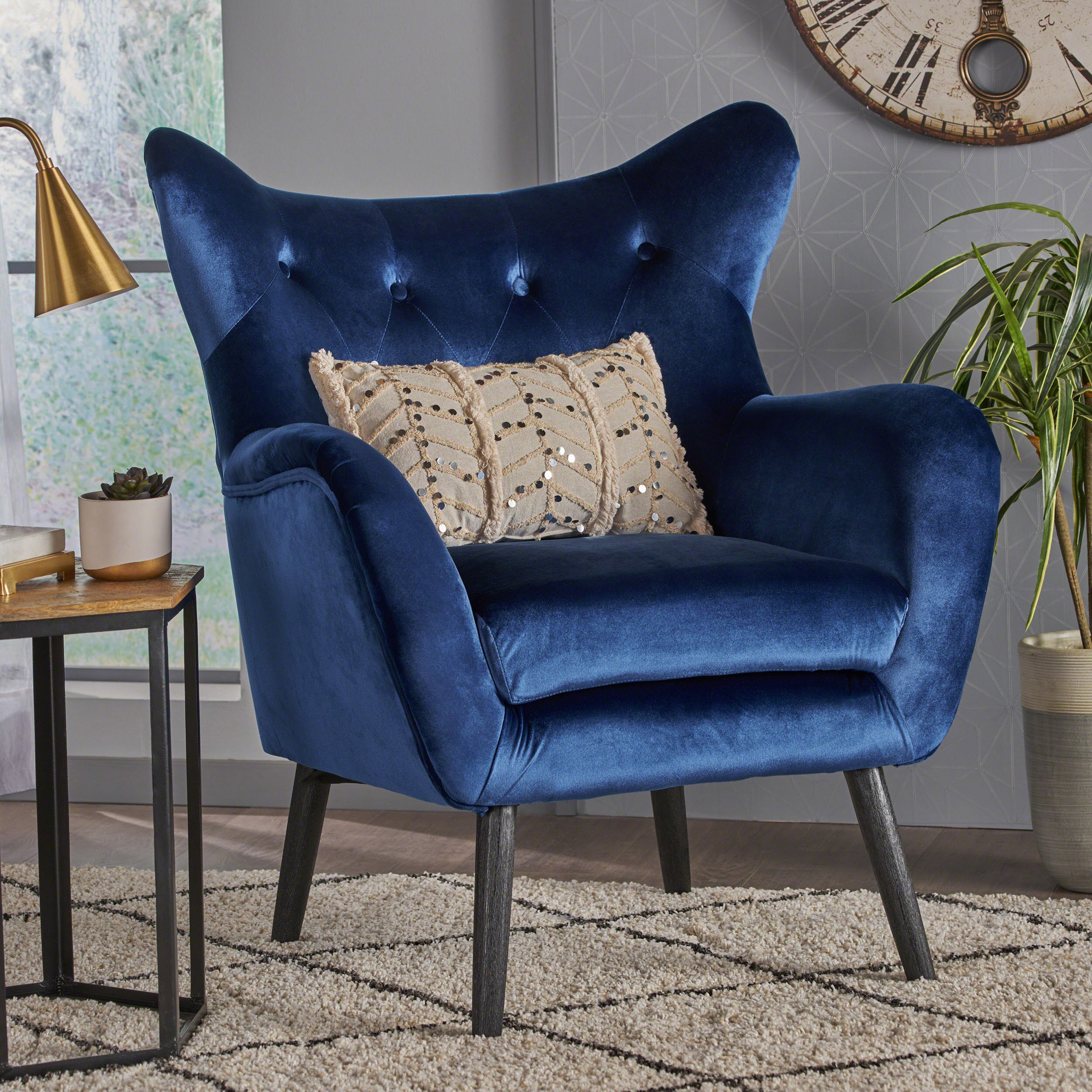 Siegfried Velvet Armchair: Navy, Black Mid-Century