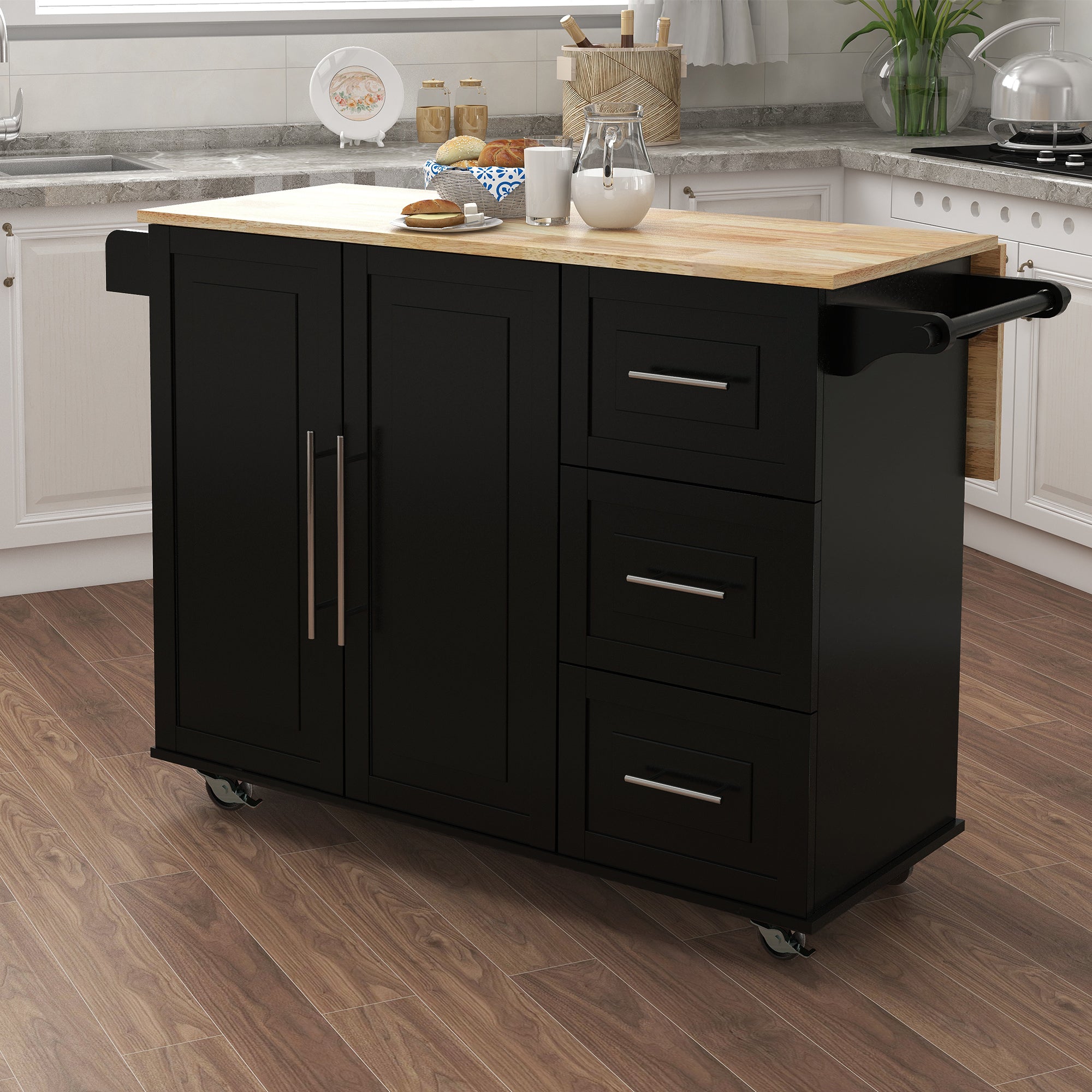 Kitchen Island w/ Spice Rack & Extendable Wood Top - Black