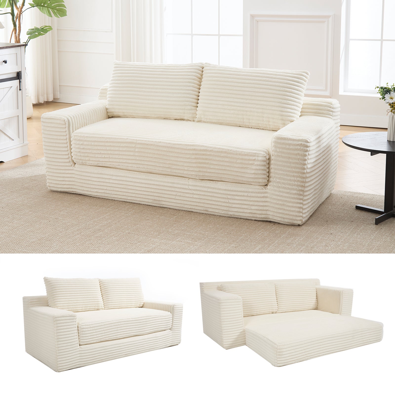 Beige Loveseat Sofa Bed: Memory Foam & Steel Frame