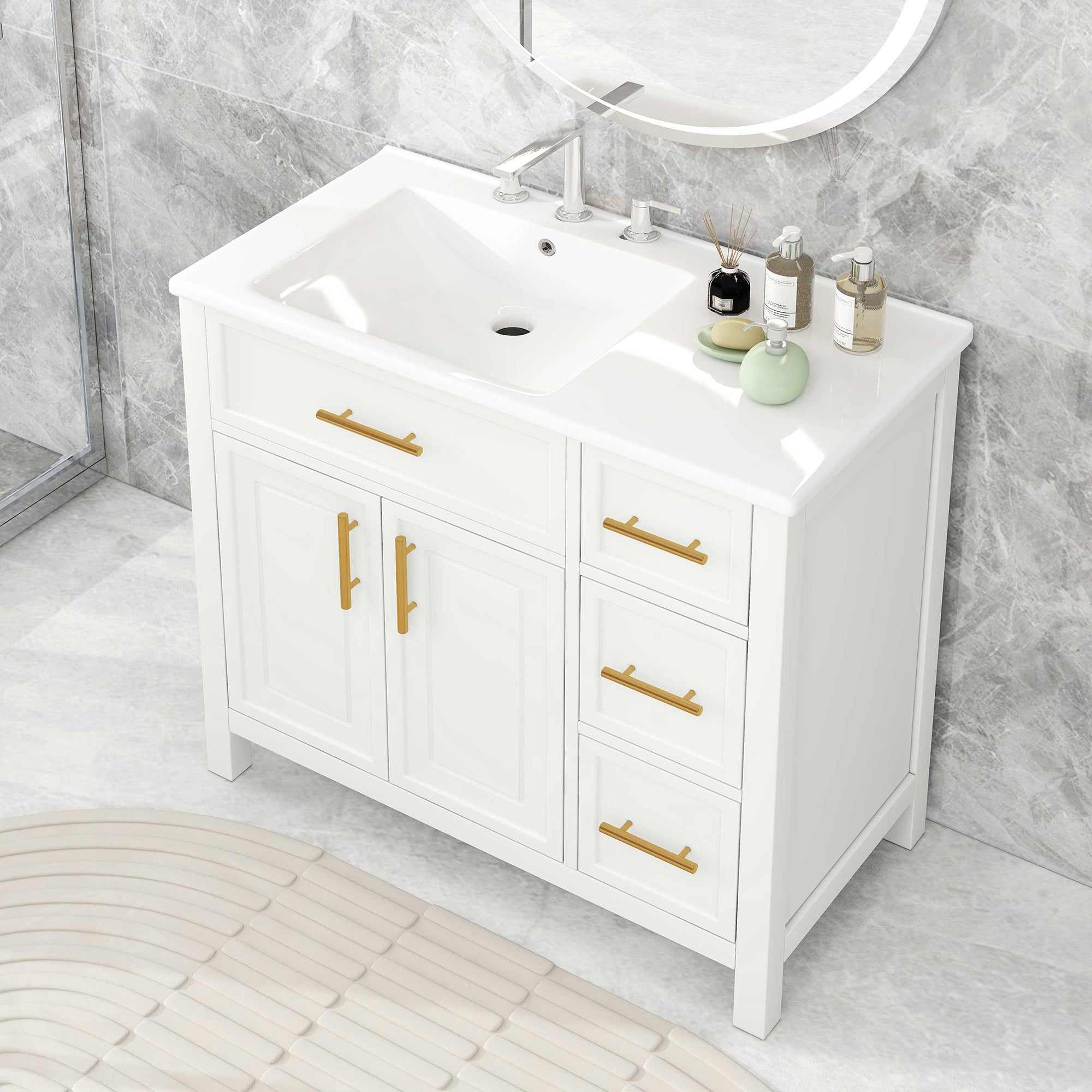 White 36" Double Door Vanity with 3 Drawers