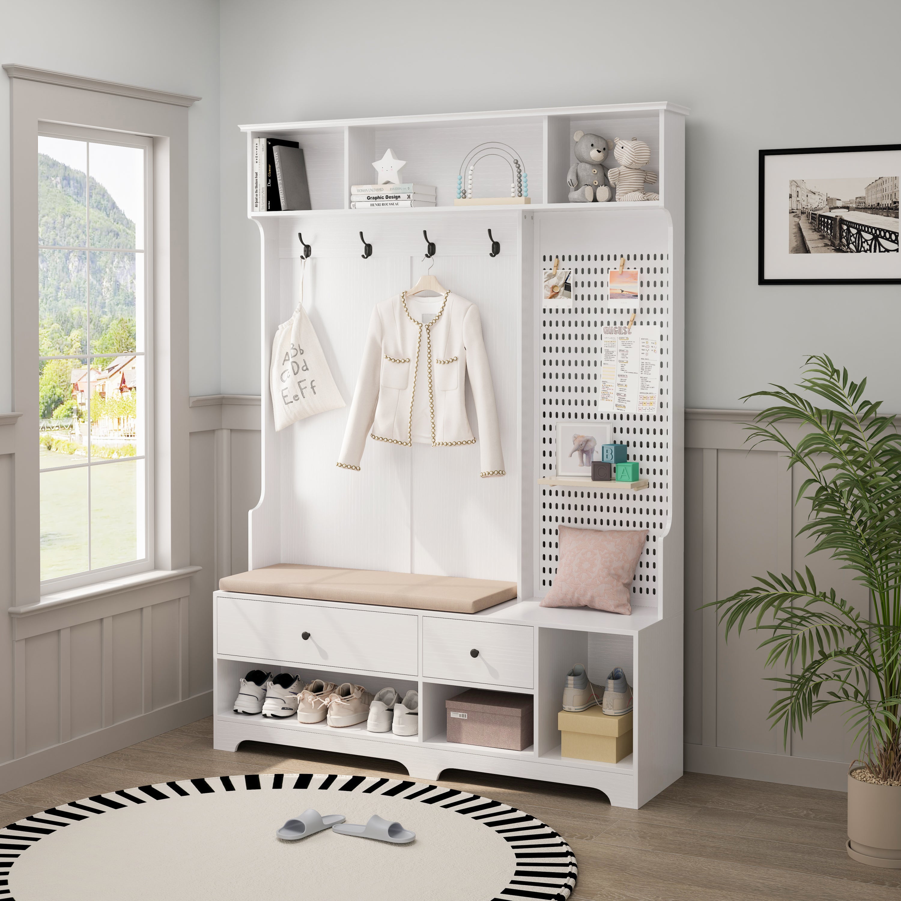 Hall Tree with Bench, Coat Rack & Storage - White