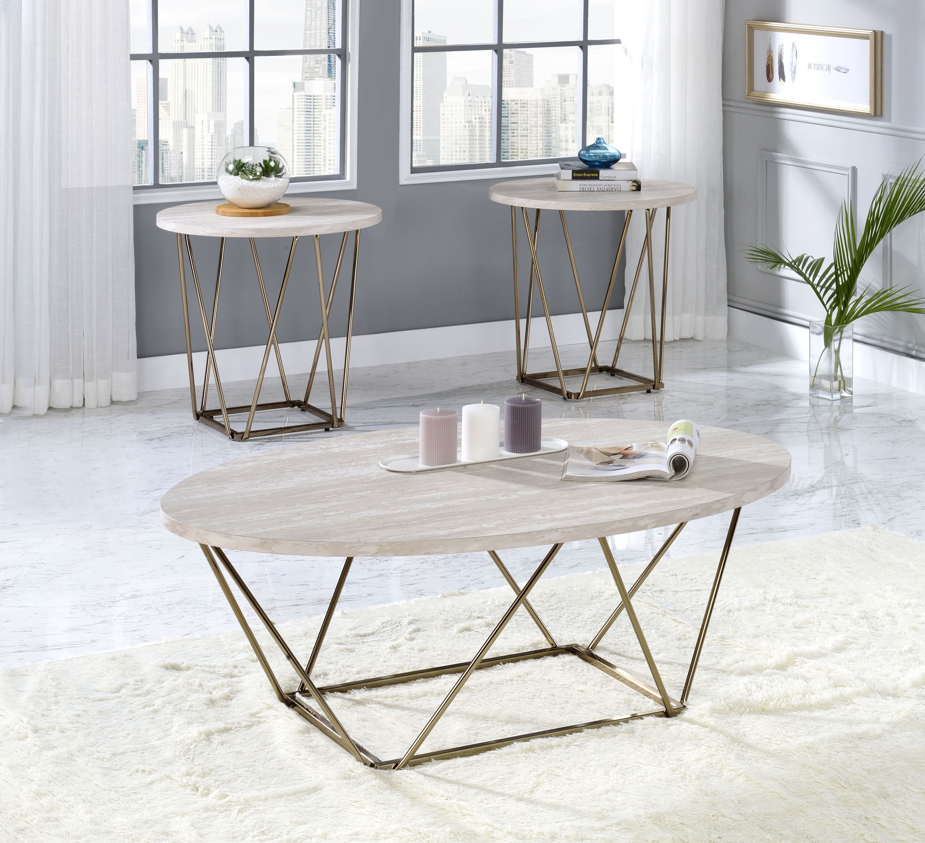 Rowyn 3-Piece Table Set: White Faux Marble