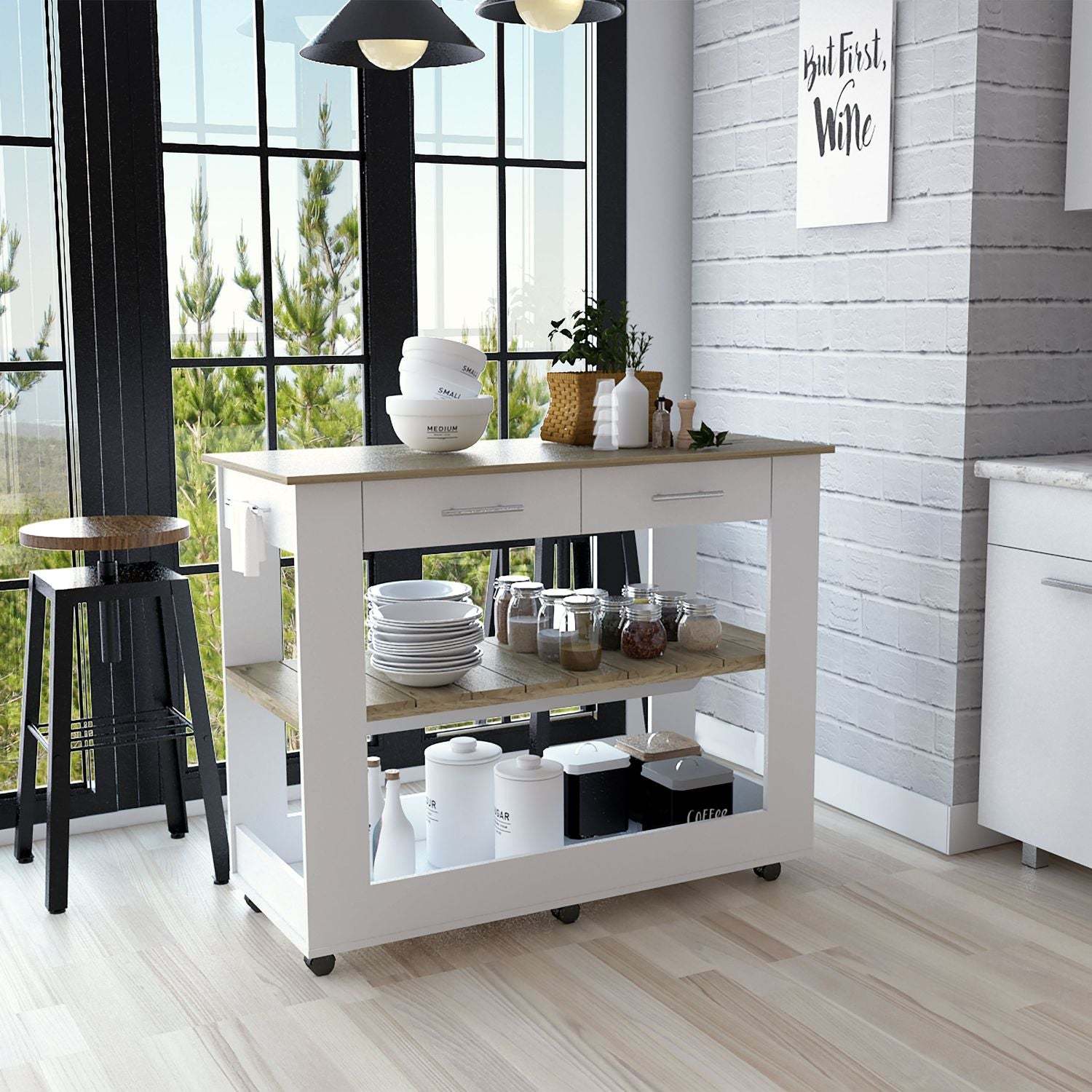 Rolling Kitchen Island Cart, 36"H, White/Oak, Drawers & Shelves