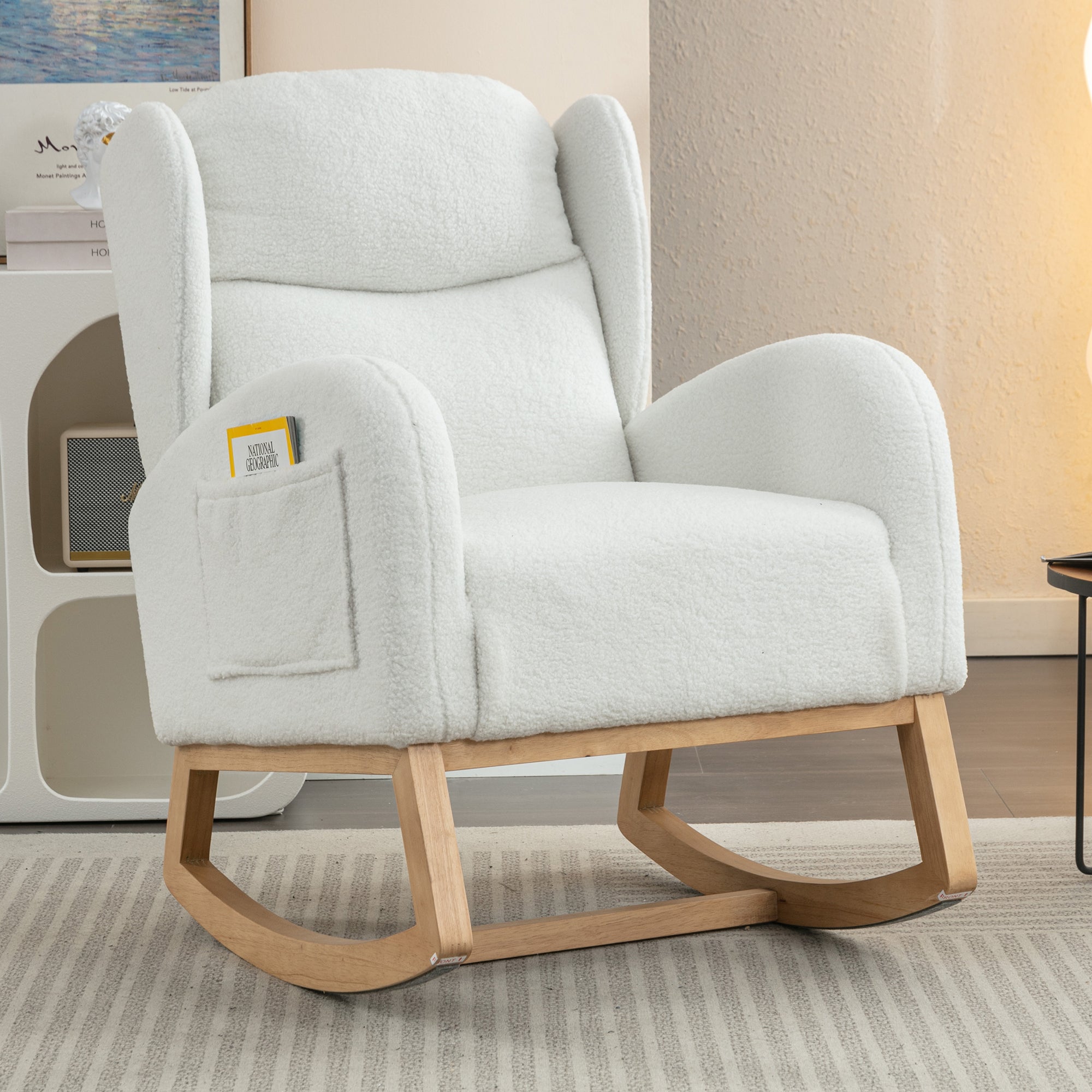 Teddy Fabric Rocking Chair, Ivory, Wood Legs