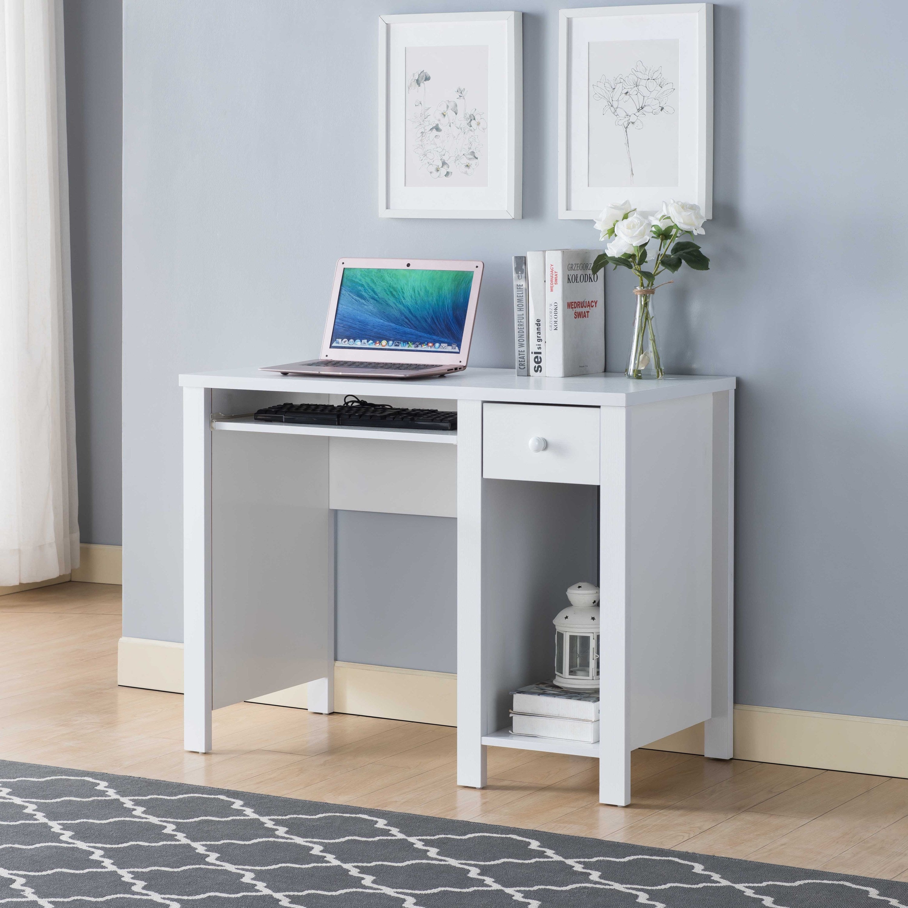 Compact White Student Desk | Home Office Writing Desk w/ Drawer