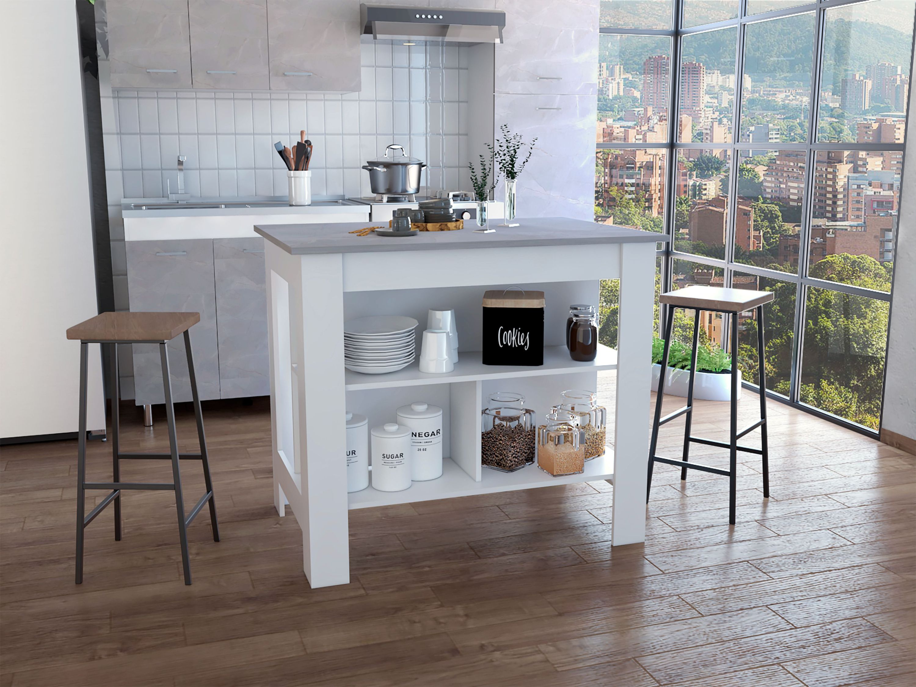 White Kitchen Island Table w/ Storage & Marble Top (35"H)
