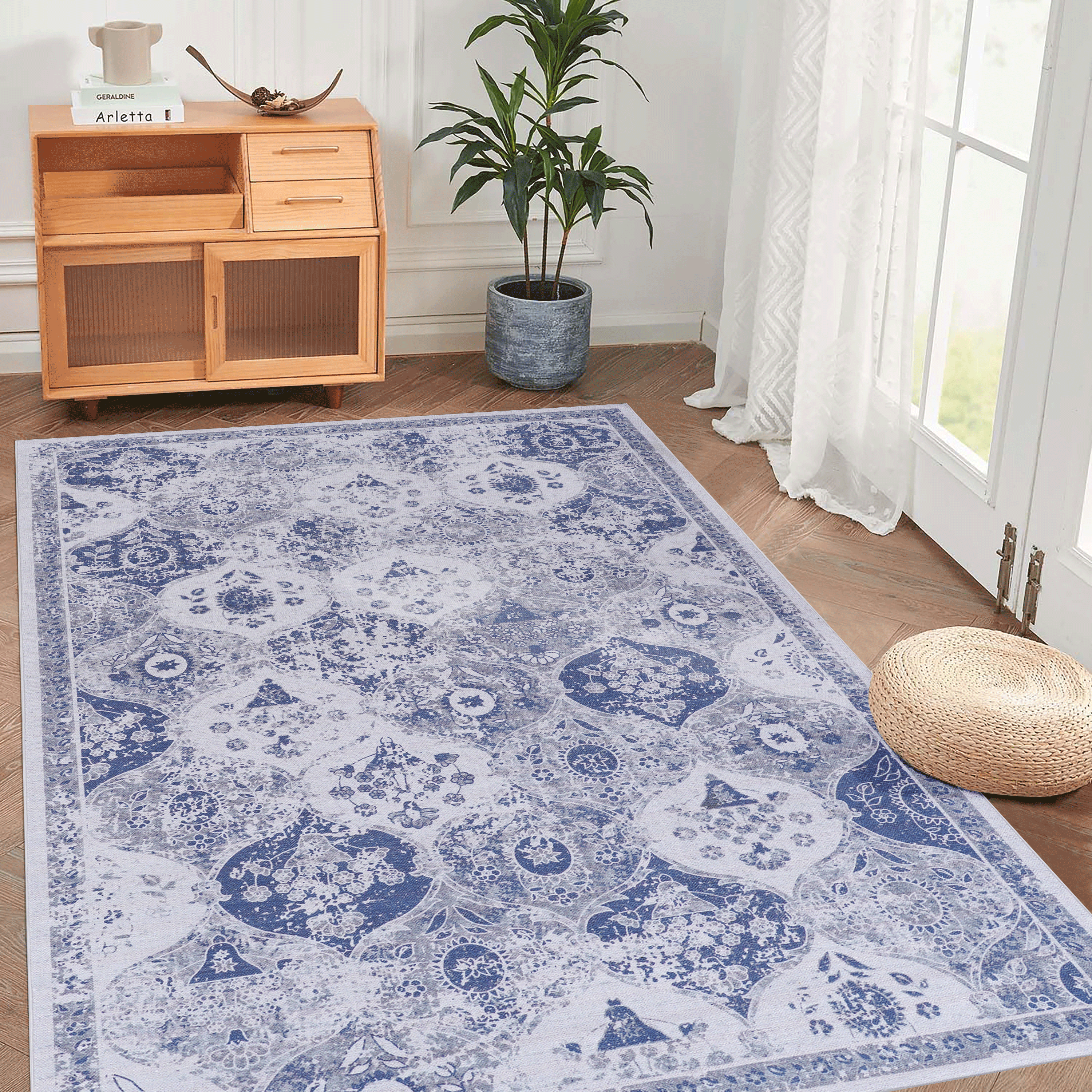 Washable Blue Area Rug 5x8, Kid & Pet Friendly