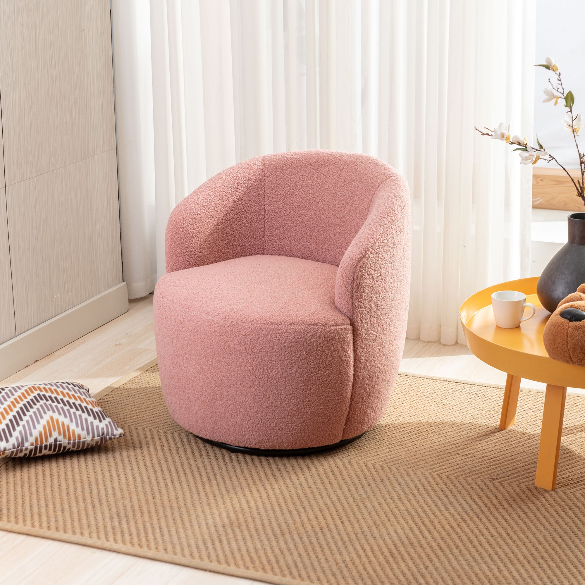 Pink Teddy Fabric Swivel Chair with Black Ring