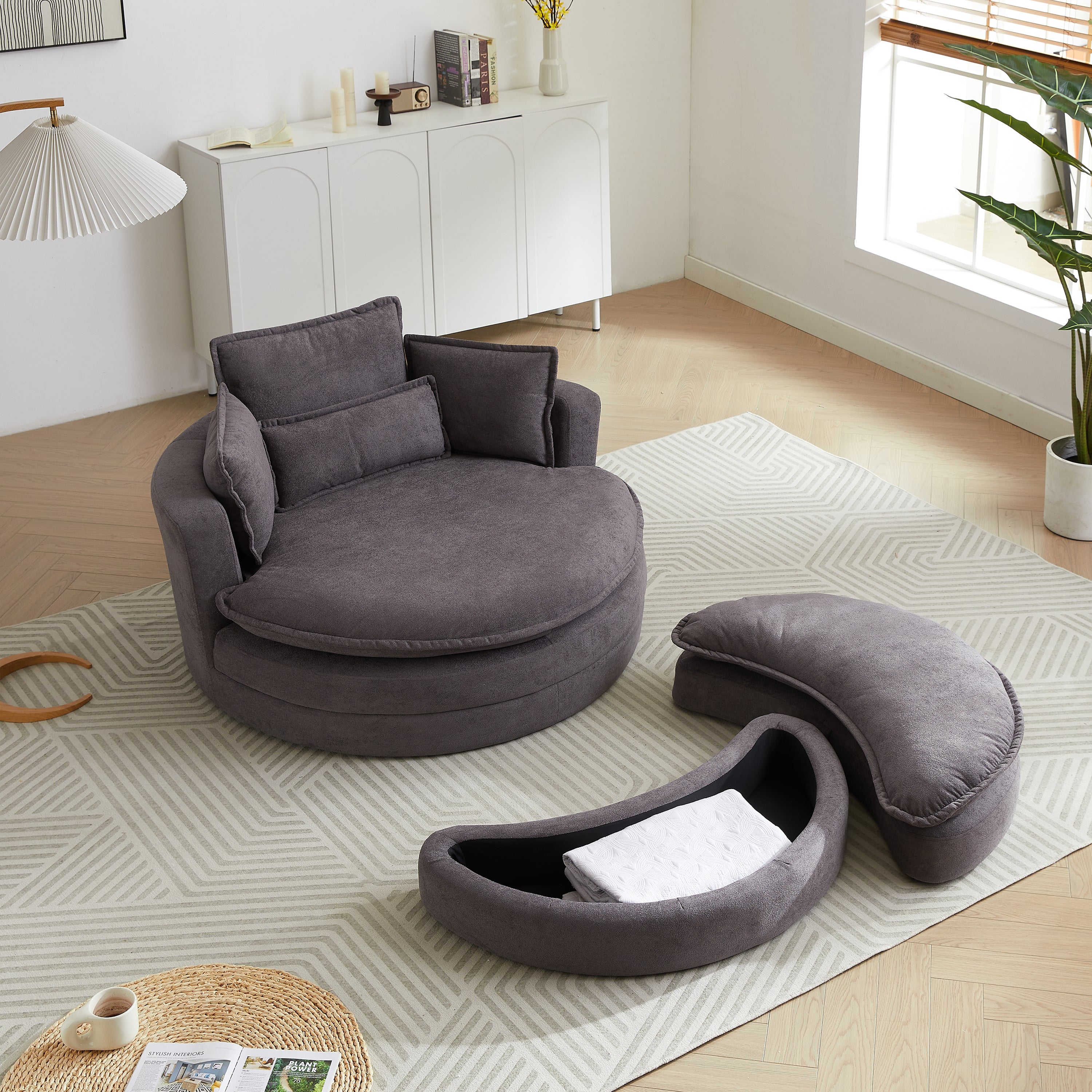 Grey Barrel Chair with Ottoman & Storage