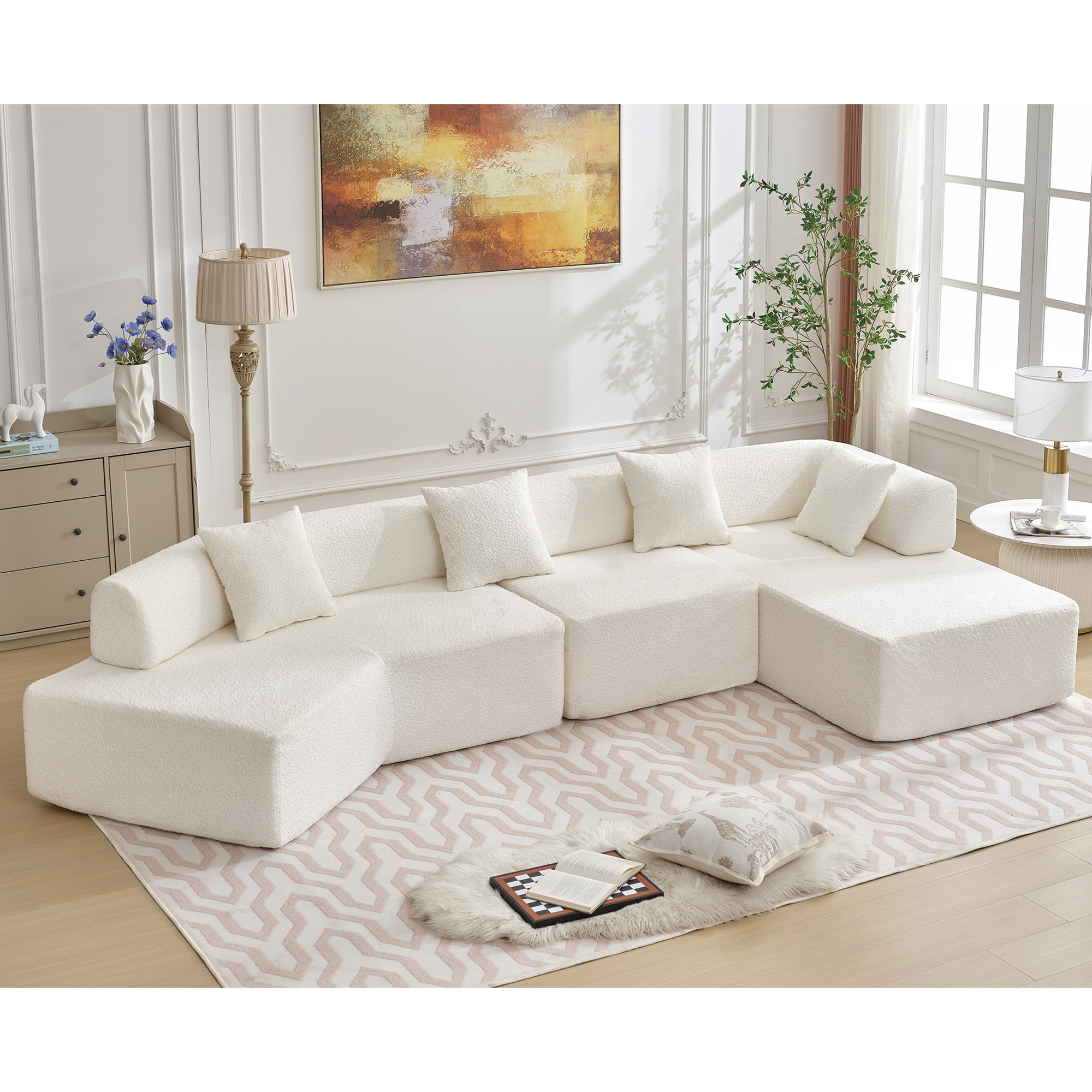 Modern Minimalist Boucle L-Shape Sofa w/ Chaise (White)