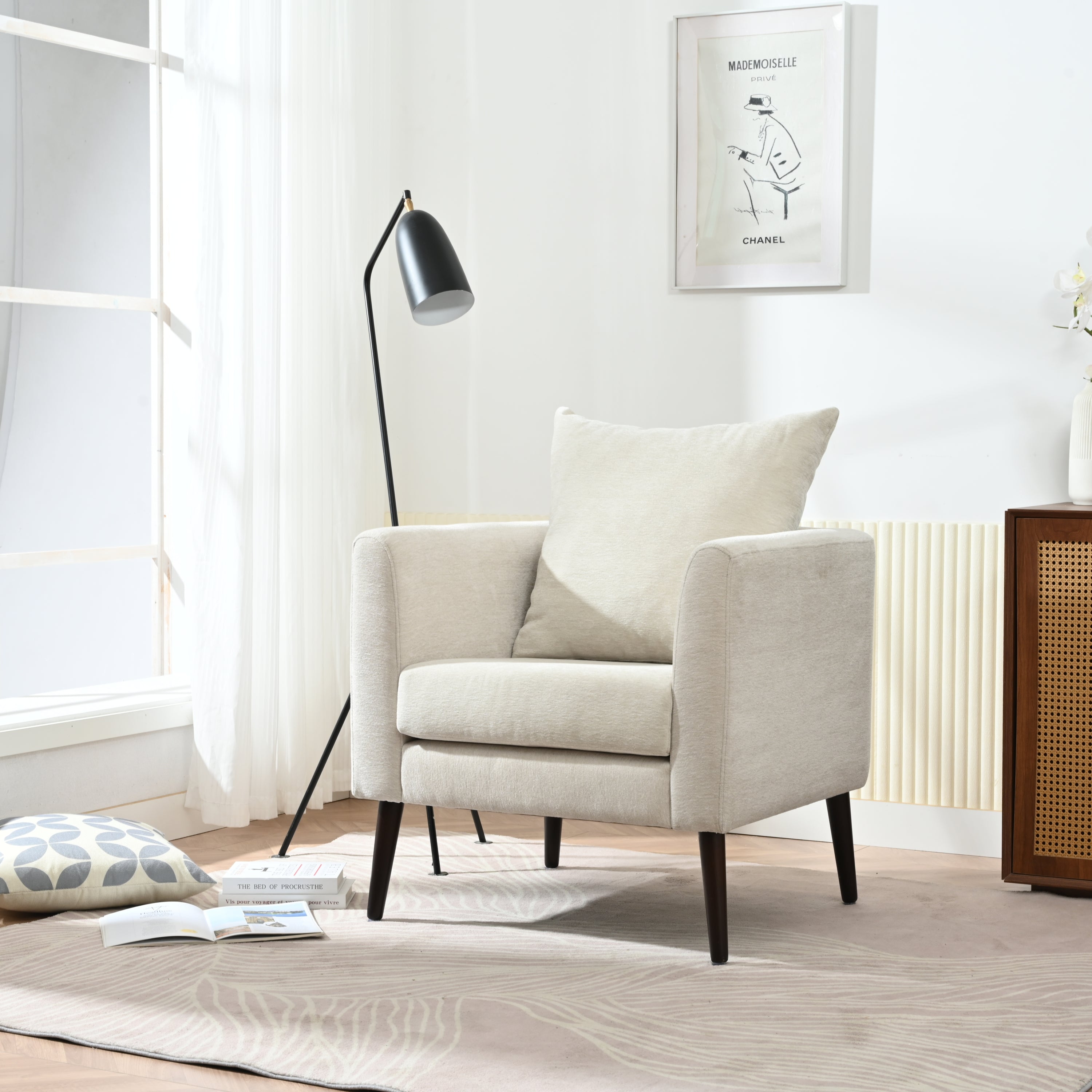 Modern Chenille Accent Chair: Beige Upholstered Armchair