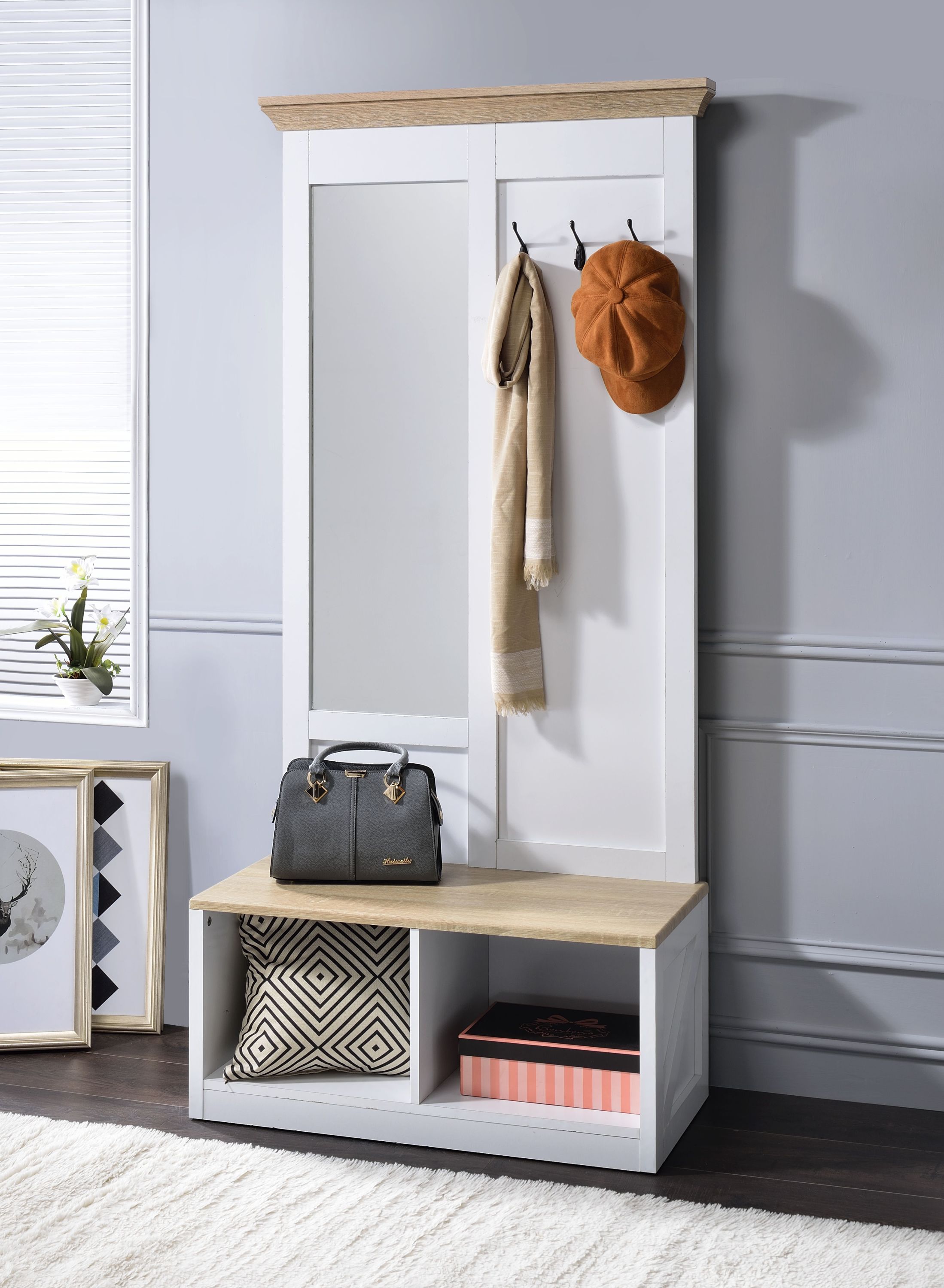Melati Hall Tree, Light Oak & White Entryway Storage