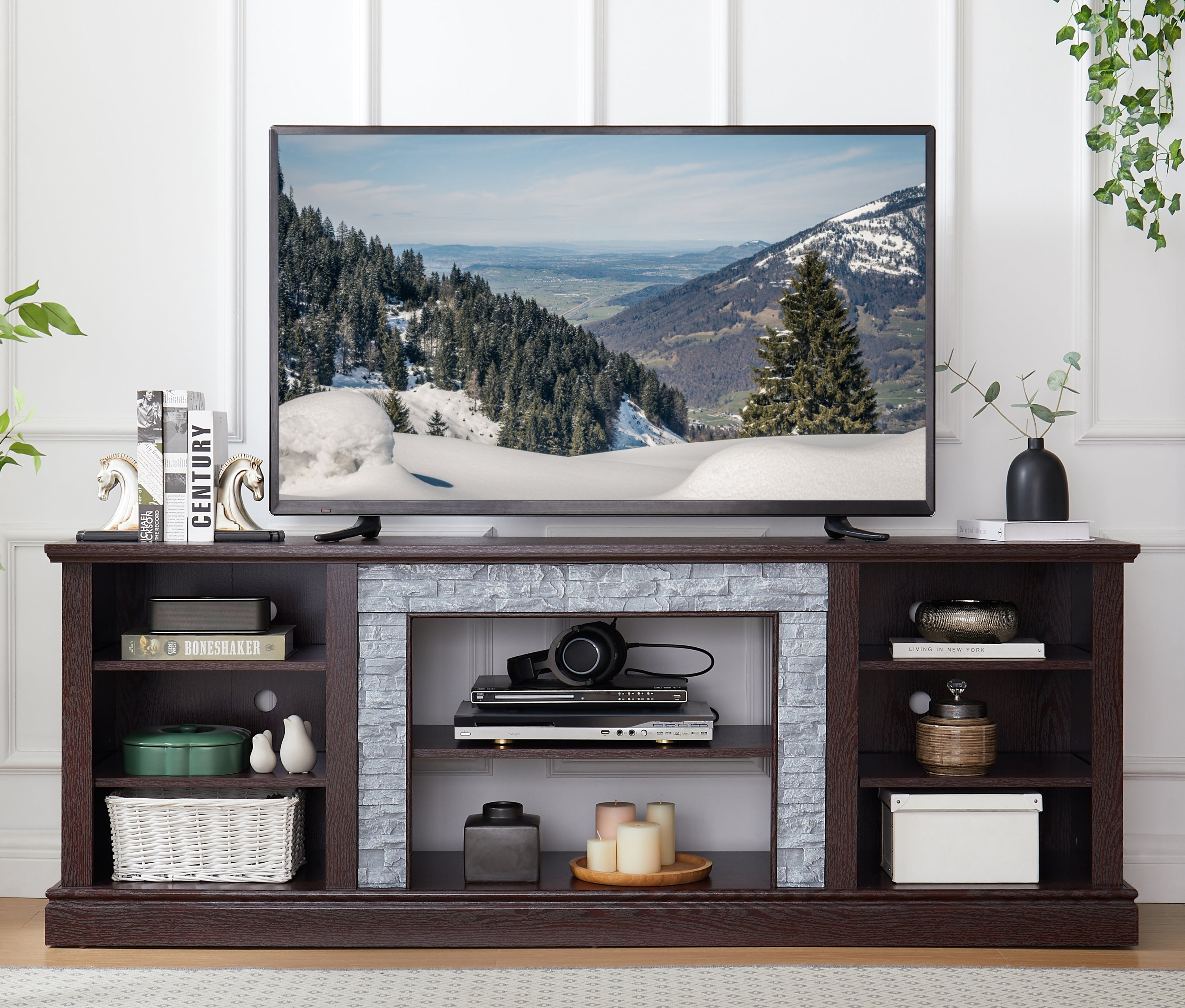 Large Faux Stone TV Stand w/ Storage, Cherry