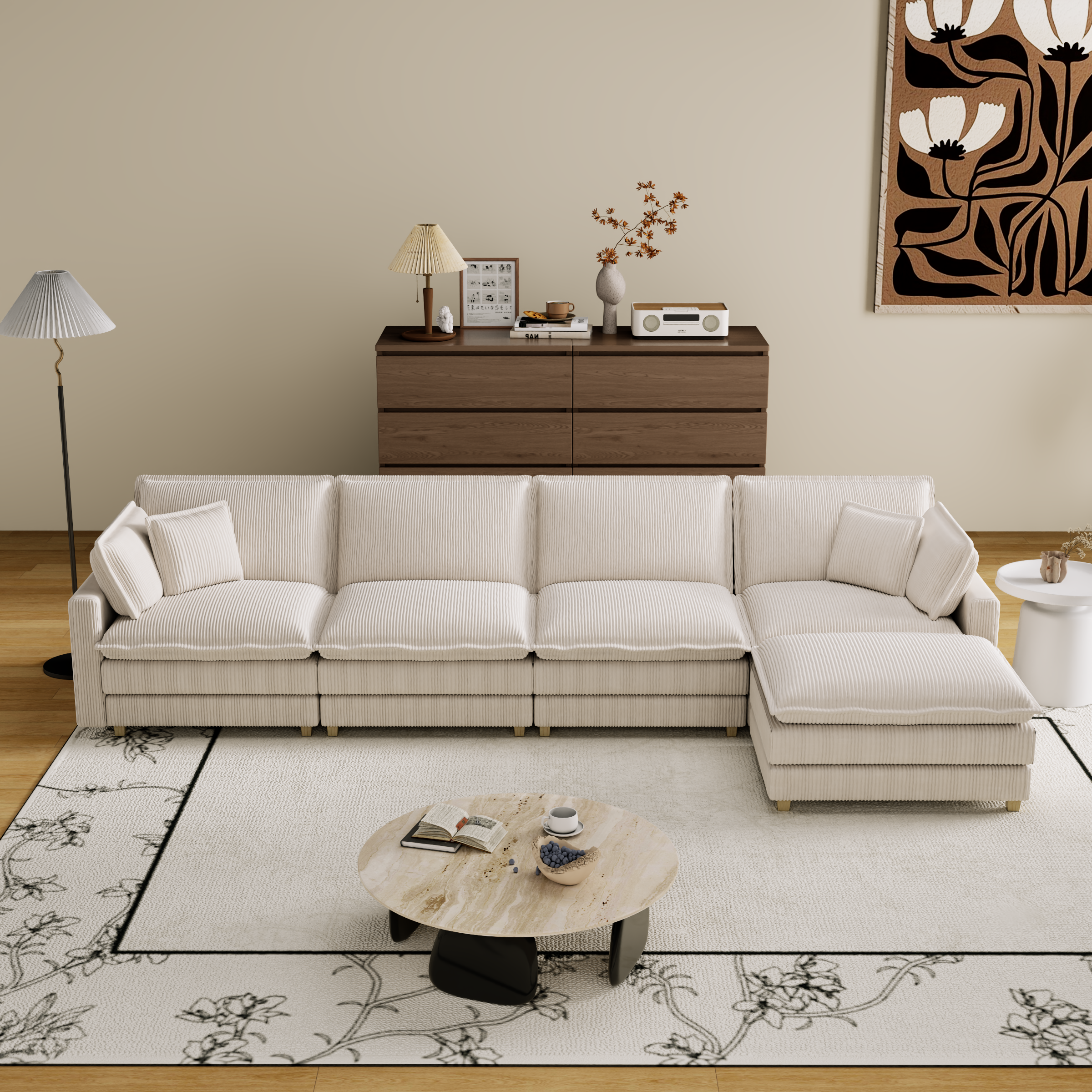 Beige Modular Sectional Sofa with 4 Pillows