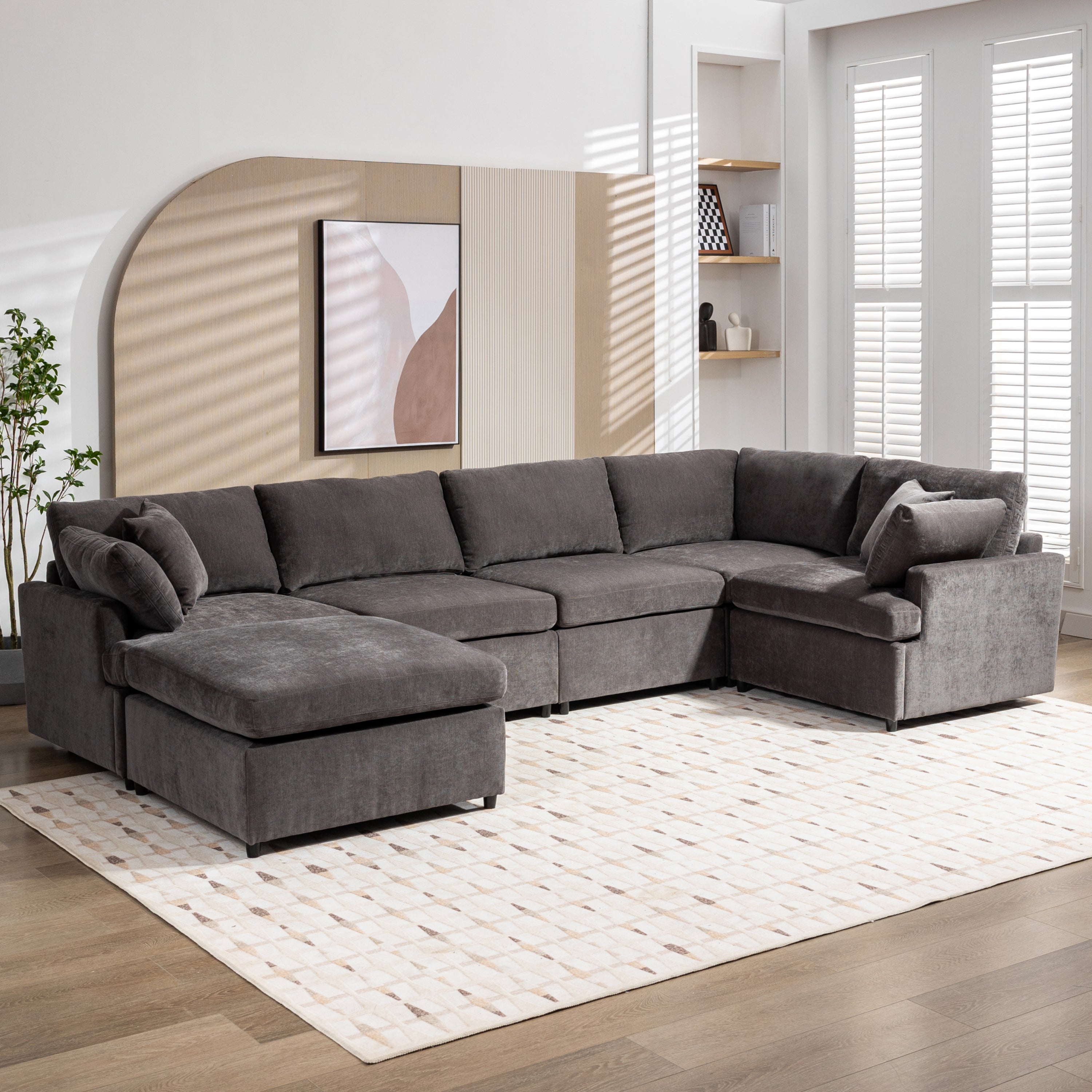 U-Style Upholstered Sectional Sofa w/ Ottoman (U-Shape, 6-Seat)