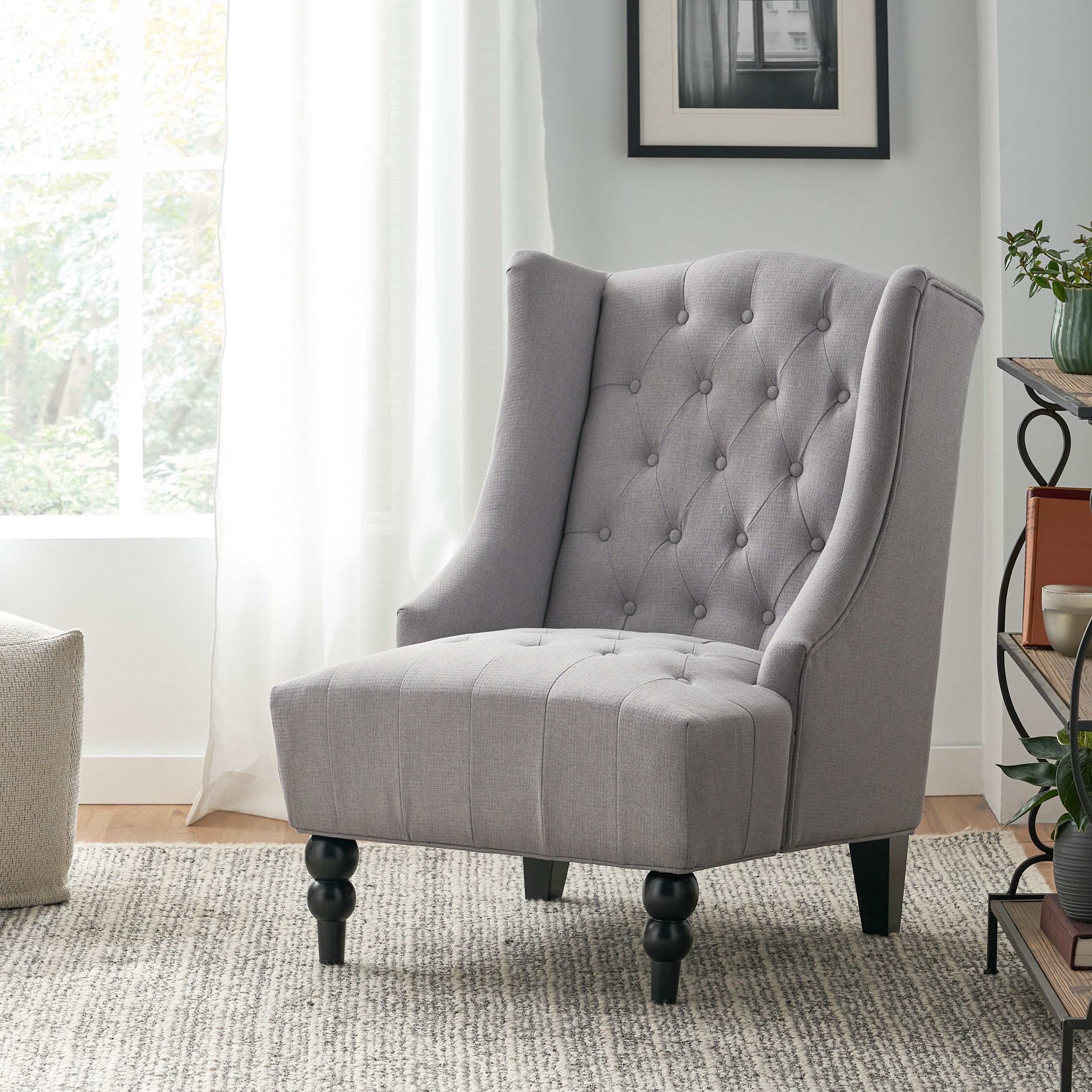 Toddman Hi-Back Club Chair, Tall Tufted Accent Chair, Gray