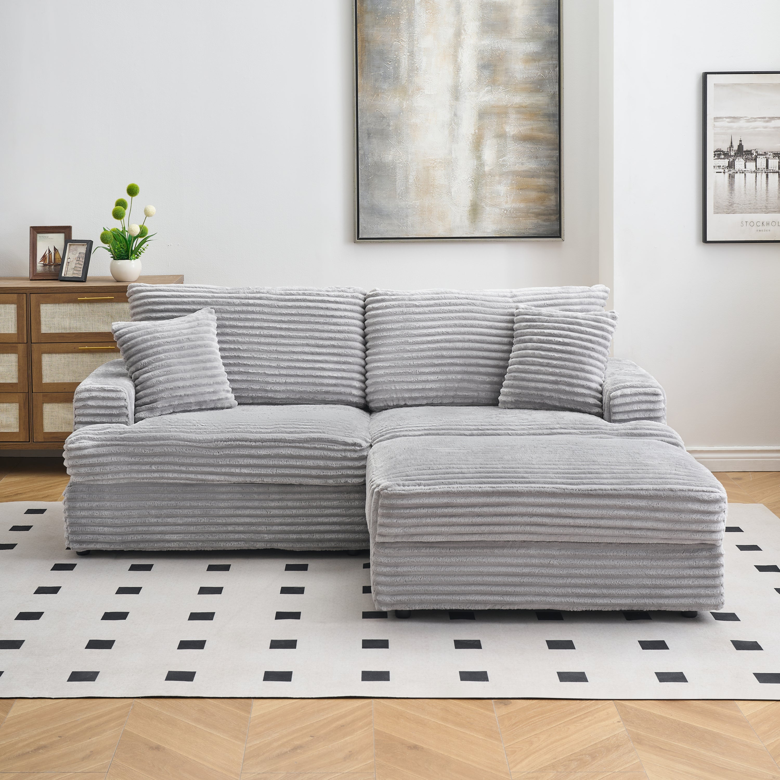 Gray Corduroy Sofa: 82" w/ Storage & Pillows
