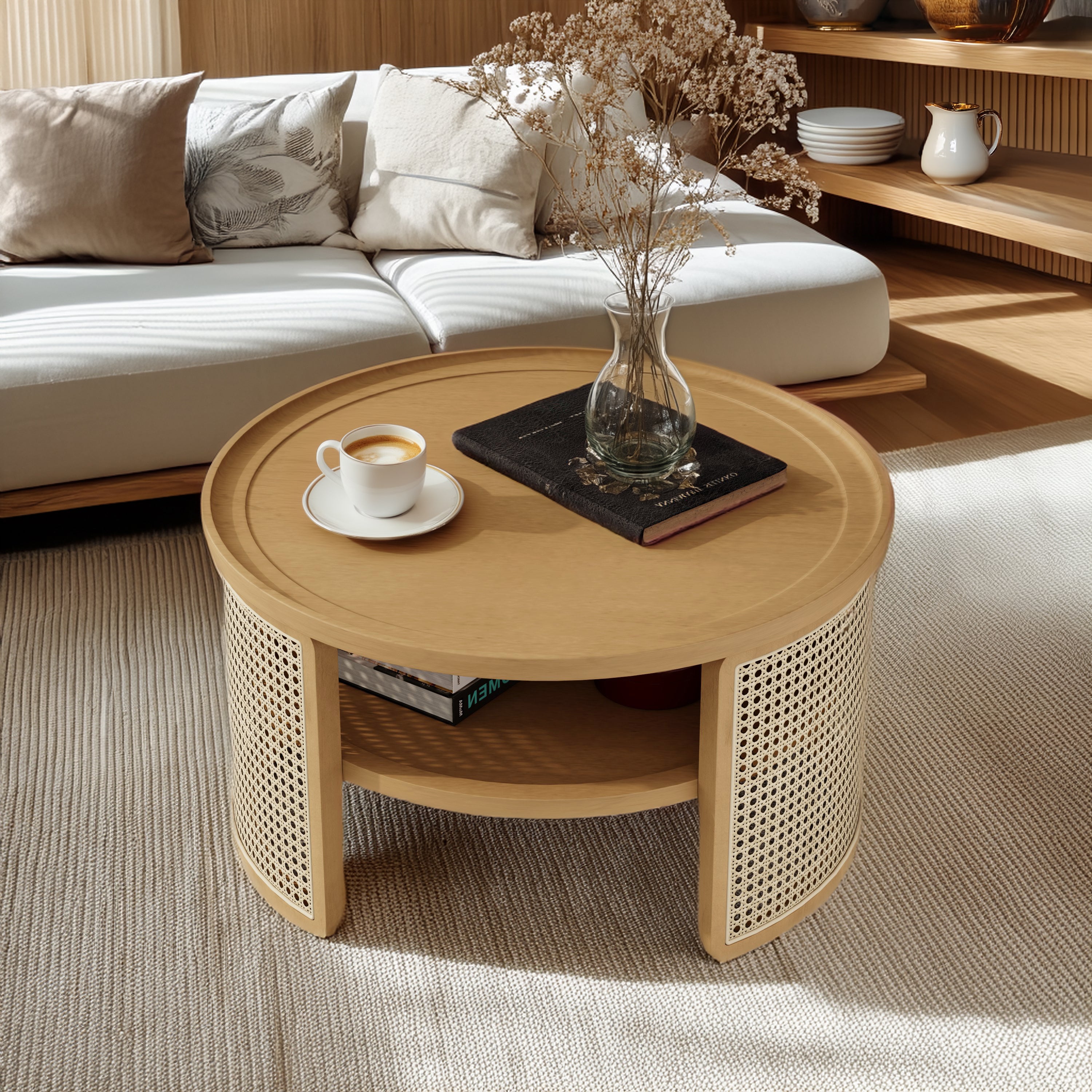 Round Wood Coffee Table w/Storage & Rattan Base