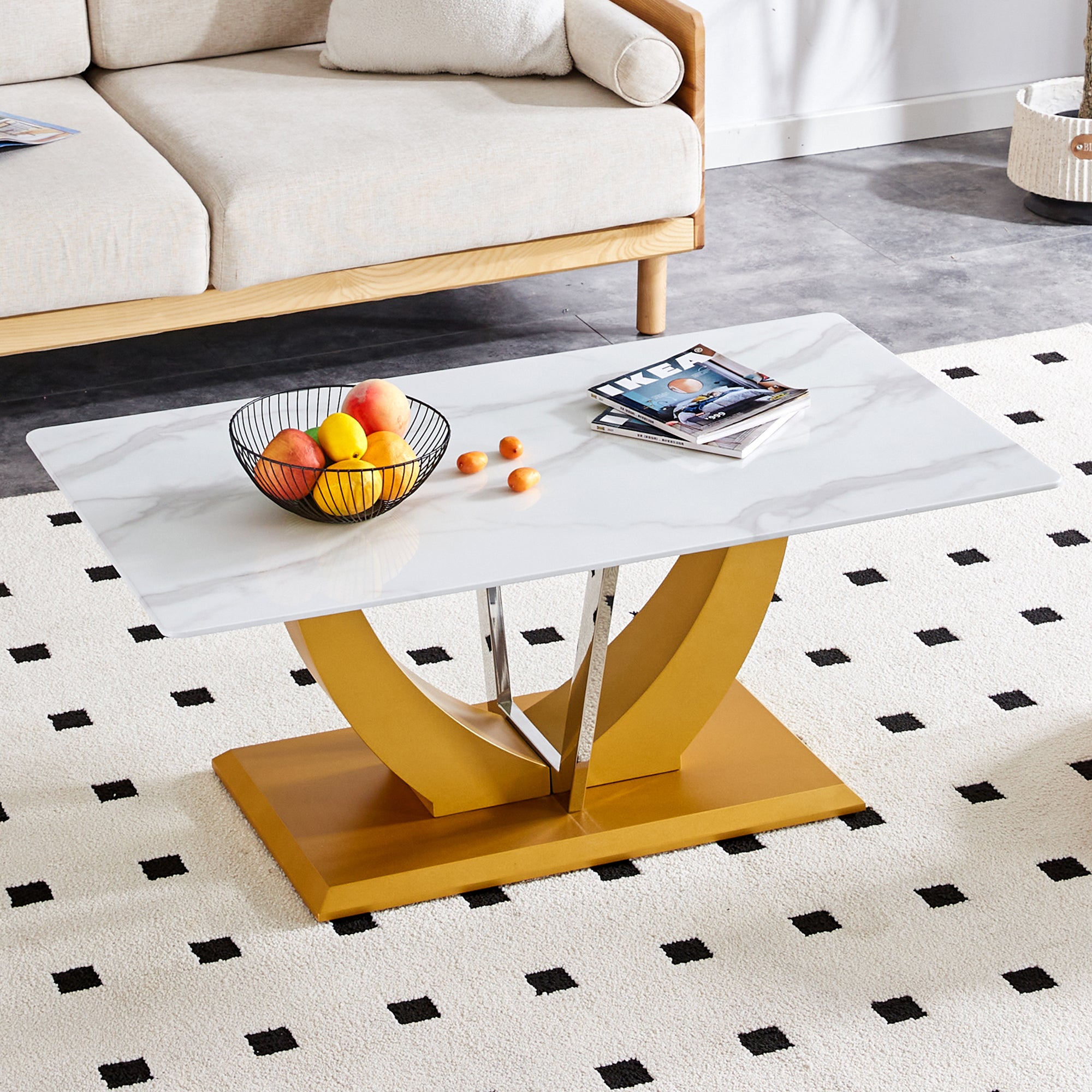 Modern Coffee Table: Glass Top, Gold Legs, CT-907