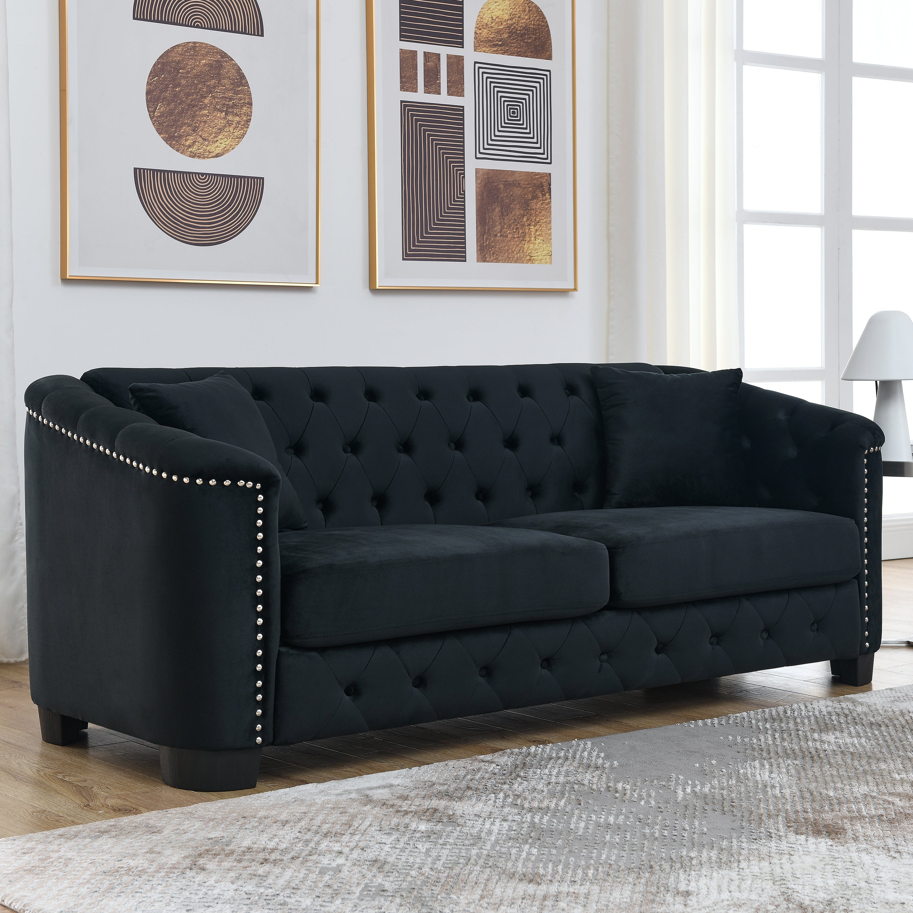 77" Modern Chesterfield Velvet Sofa (Black)