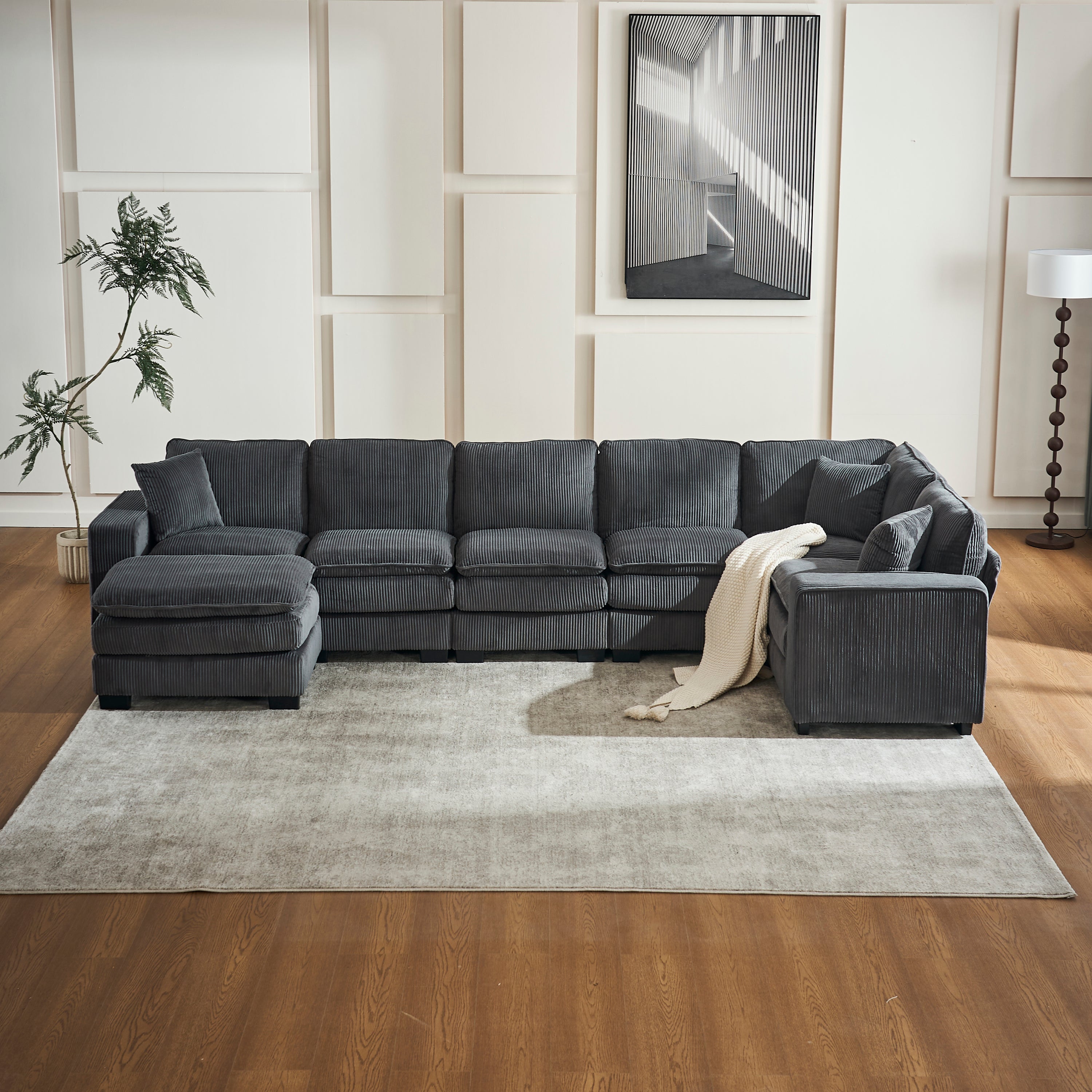 Modern U-Shaped Sectional Sofa w/ Ottoman & Pillows